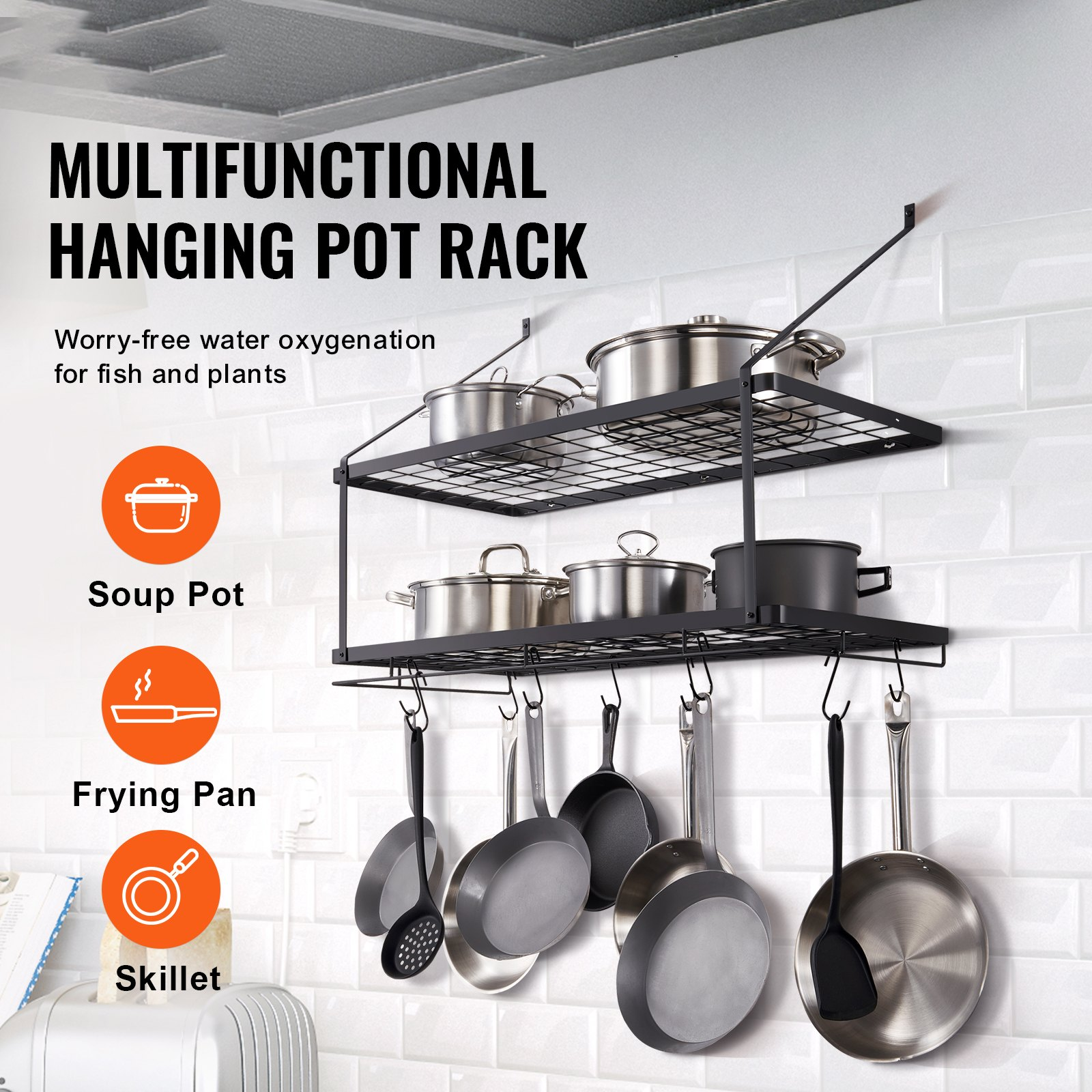 VEVOR Pot Rack Wall Mounted, 30 inch Pot and Pan Hanging Rack, Pot and Pan Hanger with 12 S Hooks, 55 lbs Loading Weight, Ideal for Pans, Utensils, Cookware in Kitchen