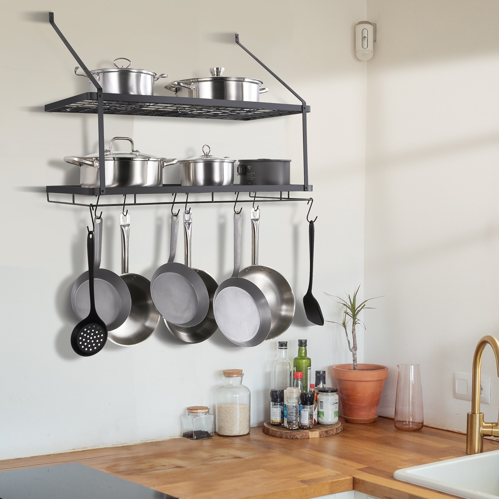 VEVOR Pot Rack Wall Mounted, 30 inch Pot and Pan Hanging Rack, Pot and Pan Hanger with 12 S Hooks, 55 lbs Loading Weight, Ideal for Pans, Utensils, Cookware in Kitchen