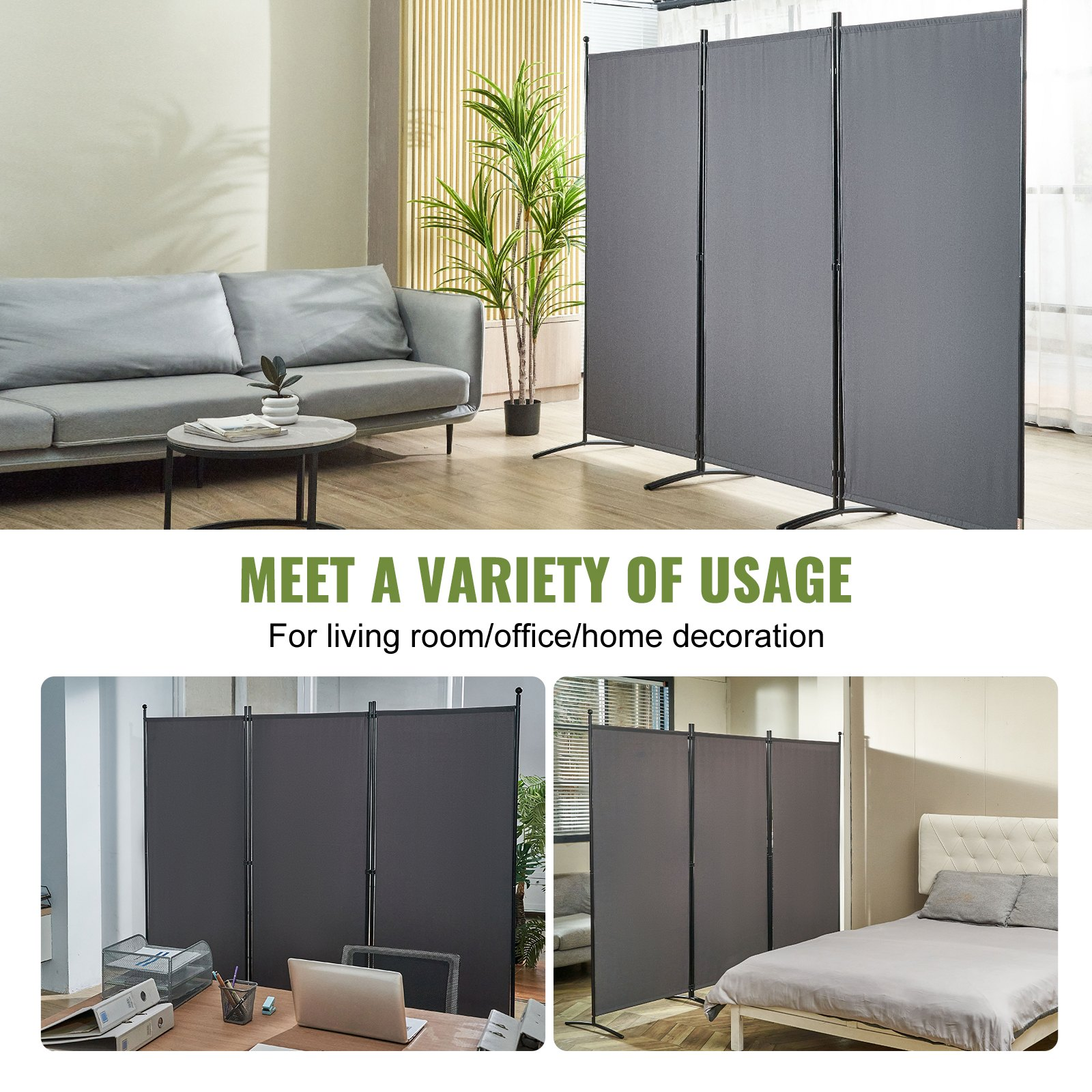 VEVOR Room Divider, 6.1 ft （102×71inch）Room Dividers and Folding Privacy Screens (3-panel), Fabric Partition Room Dividers for Office, Bedroom, Dining Room, Study, Freestanding, Dark Gray