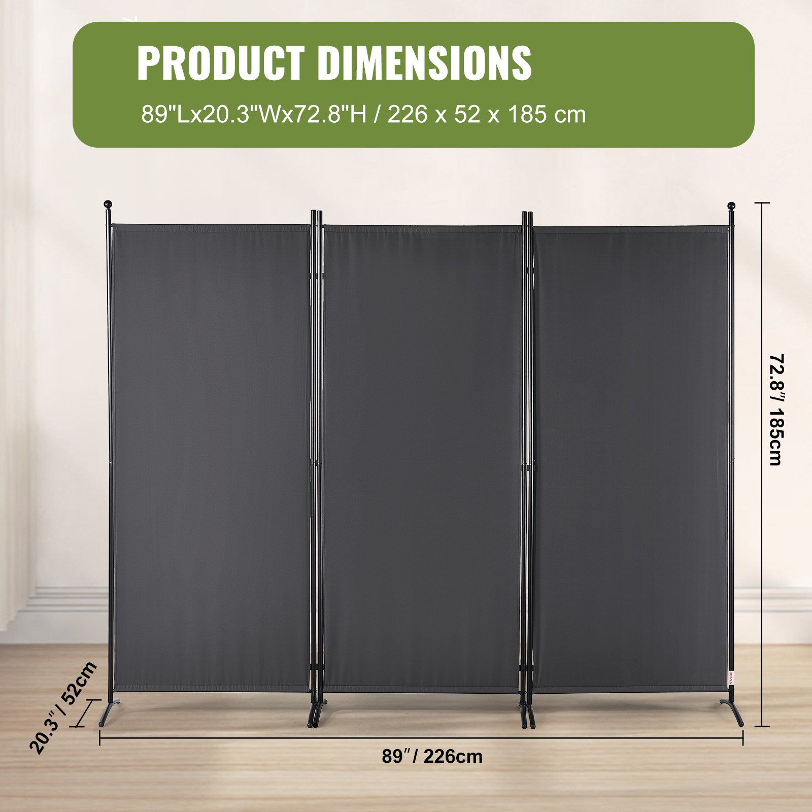 VEVOR Room Divider, 6.1 ft （102×71inch）Room Dividers and Folding Privacy Screens (3-panel), Fabric Partition Room Dividers for Office, Bedroom, Dining Room, Study, Freestanding, Dark Gray