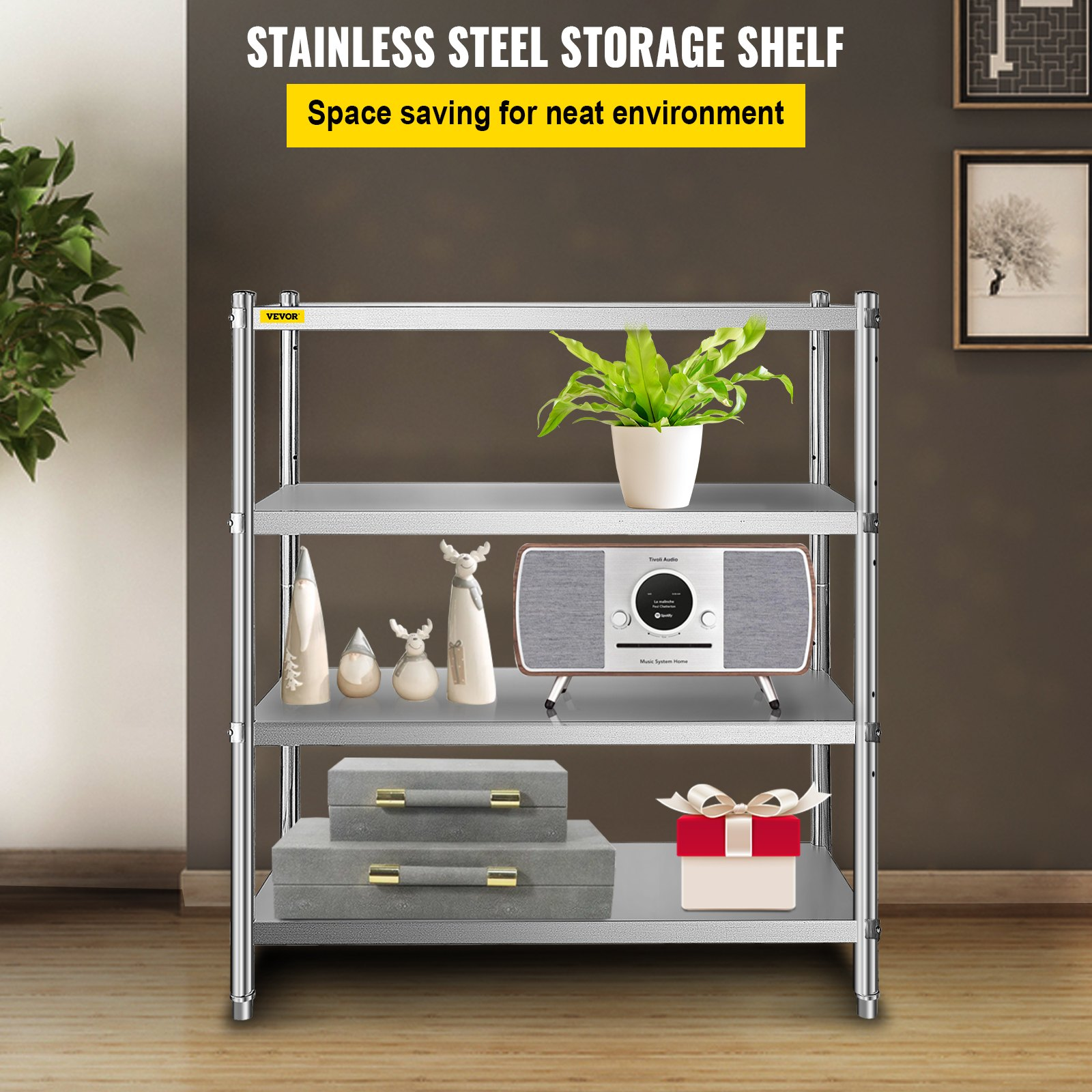 VEVOR Stainless Steel Shelving 46.8x18.5 Inch 4 Tier Adjustable Shelf Storage Unit Stainless Steel Heavy Duty Shelving for Kitchen Commercial Office Garage Storage 330lb Per Shelf