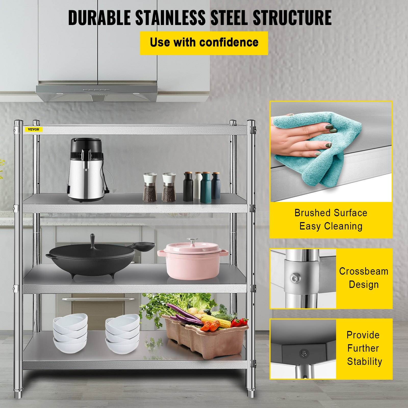 VEVOR Stainless Steel Shelving 46.8x18.5 Inch 4 Tier Adjustable Shelf Storage Unit Stainless Steel Heavy Duty Shelving for Kitchen Commercial Office Garage Storage 330lb Per Shelf