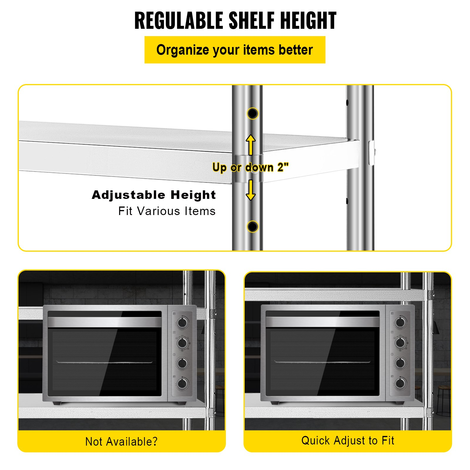 VEVOR Stainless Steel Shelving 46.8x18.5 Inch 4 Tier Adjustable Shelf Storage Unit Stainless Steel Heavy Duty Shelving for Kitchen Commercial Office Garage Storage 330lb Per Shelf