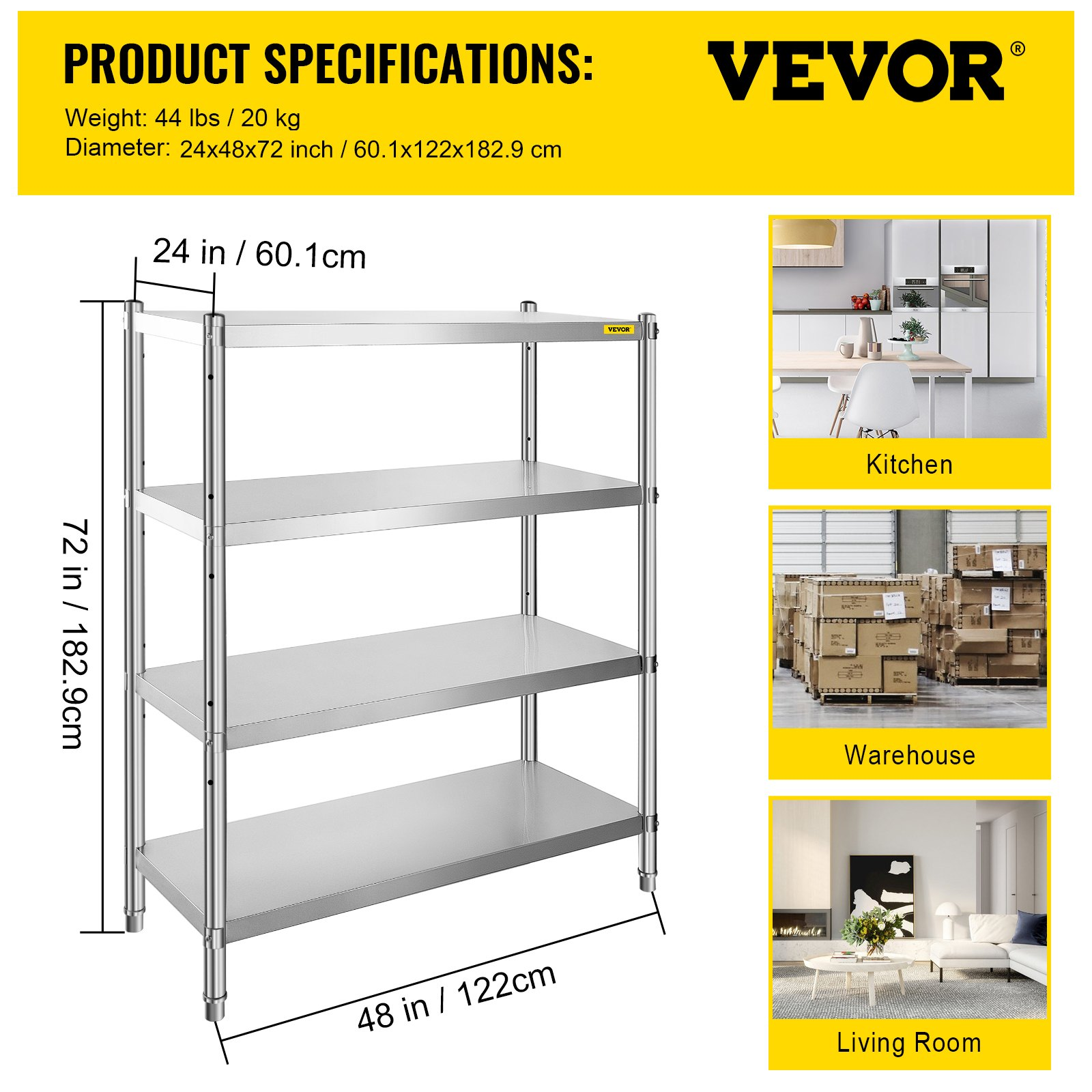 VEVOR Stainless Steel Shelving 46.8x18.5 Inch 4 Tier Adjustable Shelf Storage Unit Stainless Steel Heavy Duty Shelving for Kitchen Commercial Office Garage Storage 330lb Per Shelf