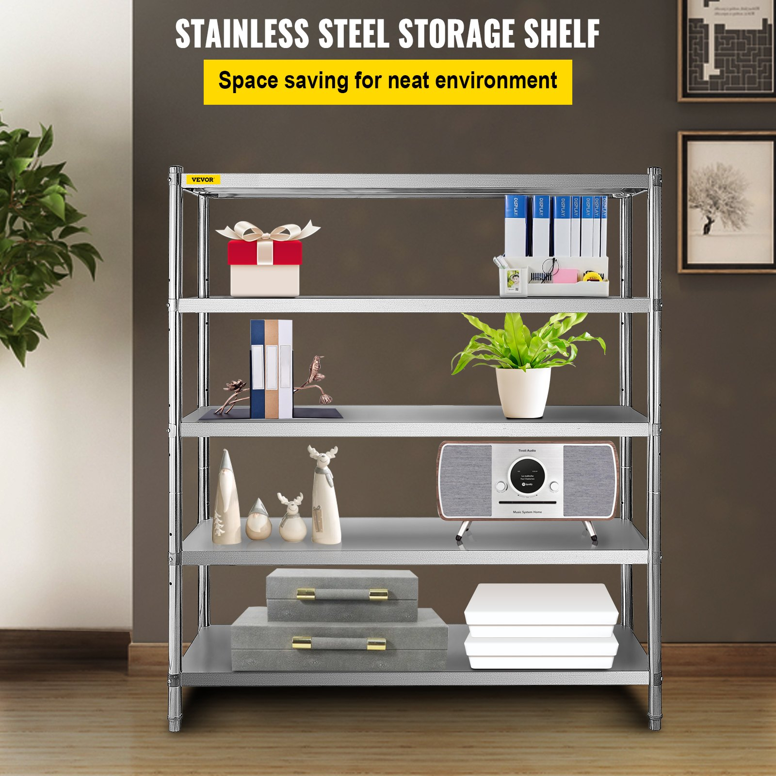 VEVOR Stainless Steel Shelving 60x18.5 Inch 5 Tier Adjustable Shelf Storage Unit Stainless Steel Heavy Duty Shelving for Kitchen Commercial Office Garage Storage 330lb Per Shelf