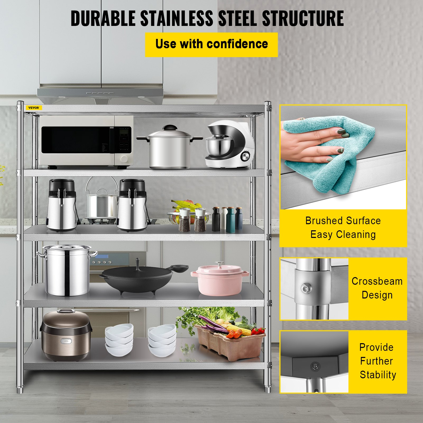 VEVOR Stainless Steel Shelving 60x18.5 Inch 5 Tier Adjustable Shelf Storage Unit Stainless Steel Heavy Duty Shelving for Kitchen Commercial Office Garage Storage 330lb Per Shelf