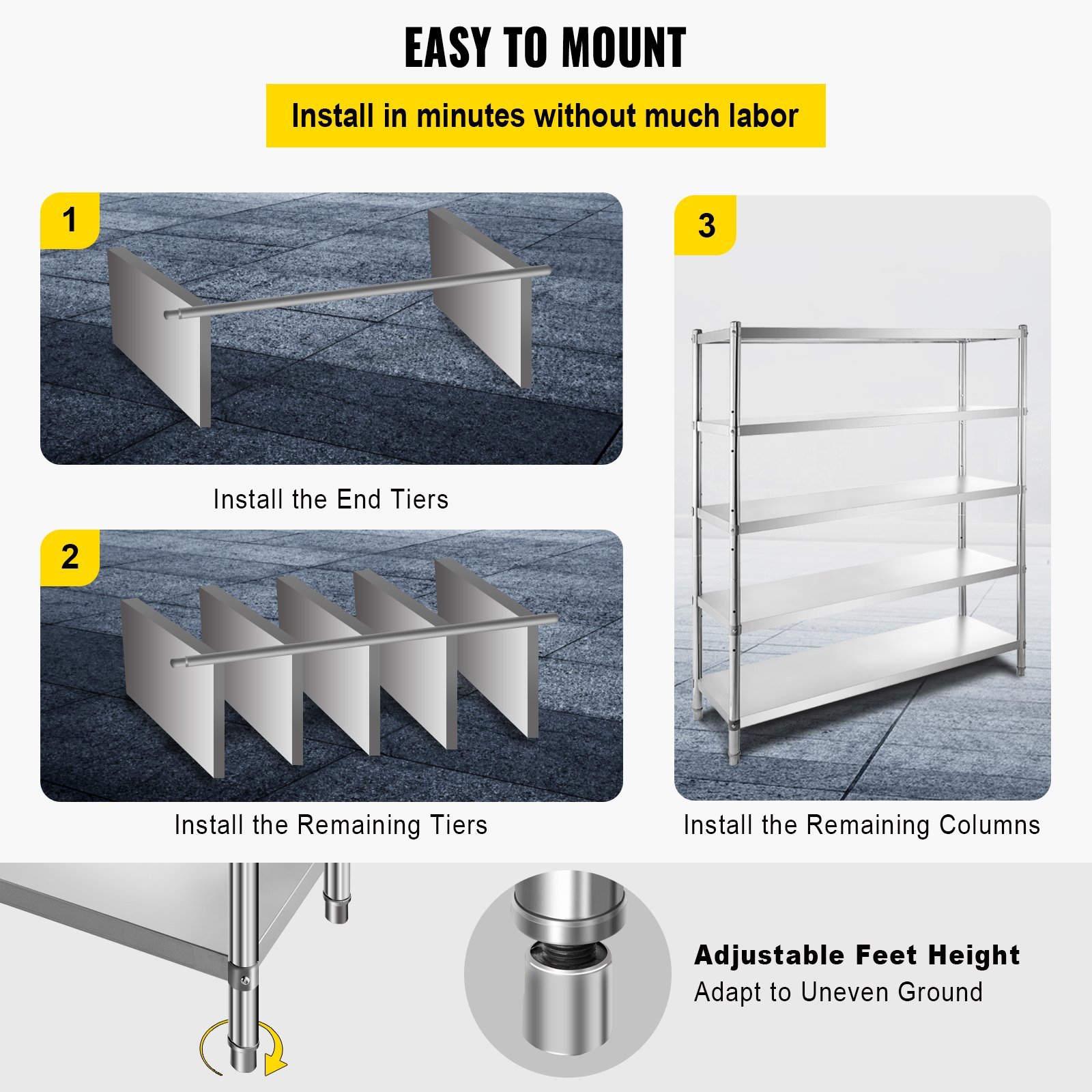 VEVOR Stainless Steel Shelving 60x18.5 Inch 5 Tier Adjustable Shelf Storage Unit Stainless Steel Heavy Duty Shelving for Kitchen Commercial Office Garage Storage 330lb Per Shelf