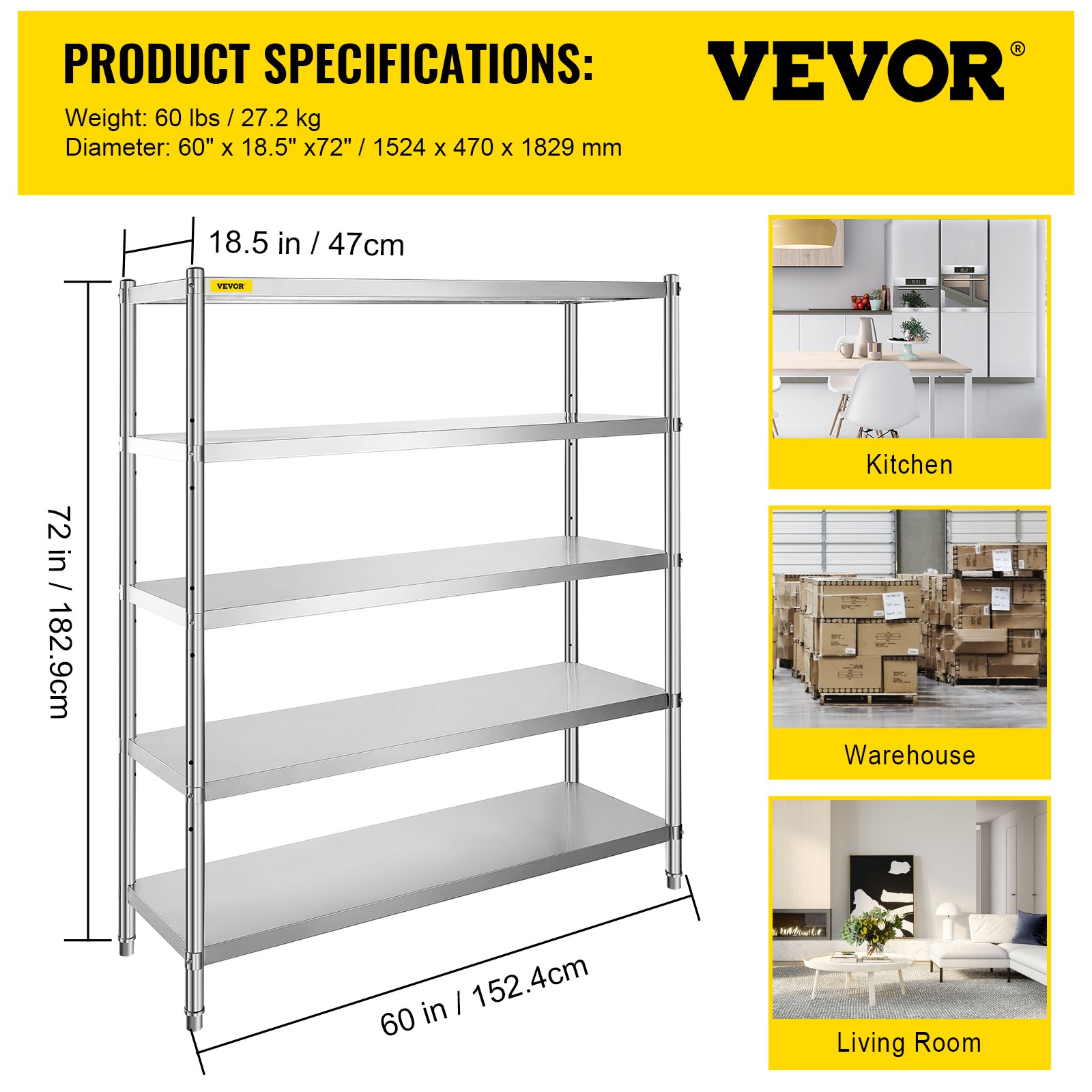 VEVOR Stainless Steel Shelving 60x18.5 Inch 5 Tier Adjustable Shelf Storage Unit Stainless Steel Heavy Duty Shelving for Kitchen Commercial Office Garage Storage 330lb Per Shelf