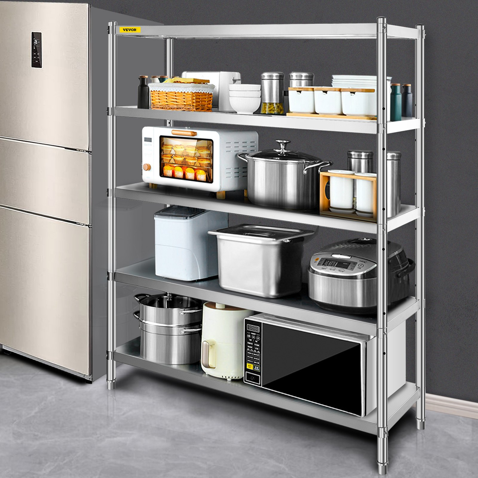 VEVOR Stainless Steel Shelving 60x18.5 Inch 5 Tier Adjustable Shelf Storage Unit Stainless Steel Heavy Duty Shelving for Kitchen Commercial Office Garage Storage 330lb Per Shelf