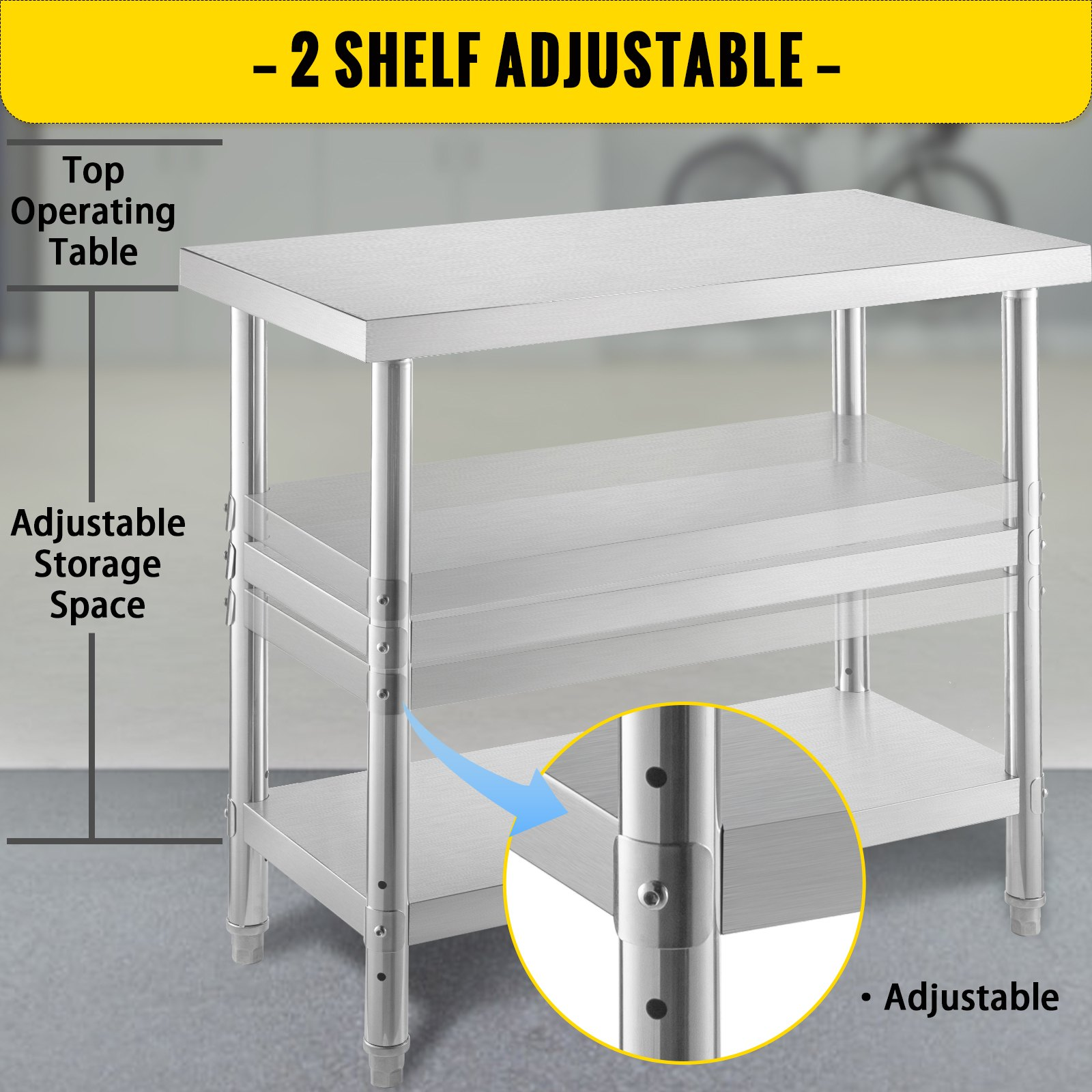 VEVOR Outdoor Food Prep Table, 24x14x33 in Commercial Stainless Steel Table, 2 Adjustable Undershelf BBQ Prep Table, Heavy Duty Kitchen Work Table, for Garage, Home, Warehouse, and Kitchen Silver