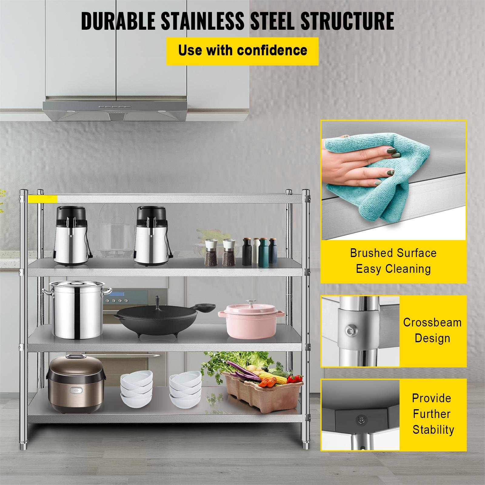 VEVOR Storage Shelf, 4-Tier Stainless Steel Shelving, Storage Shelving Unit, 70.9 x 17.7 x 59.1 Inch Heavy Duty Storage Rack Shelving, 1320 Lbs Total Capacity with Adjustable Height