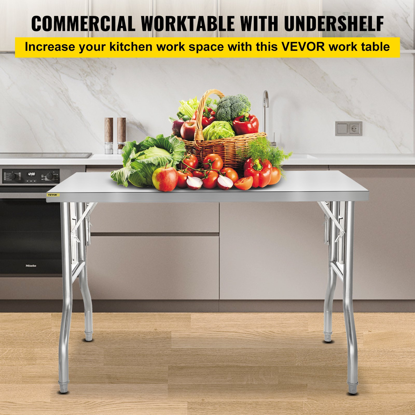 VEVOR 48 x 30 Inch Folding Commercial Prep Table Commercial Worktable Workstation, Heavy-Duty Stainless Steel Folding Table with 220 lbs Load, Silver Stainless Steel Kitchen Island，Kitchen Work Table