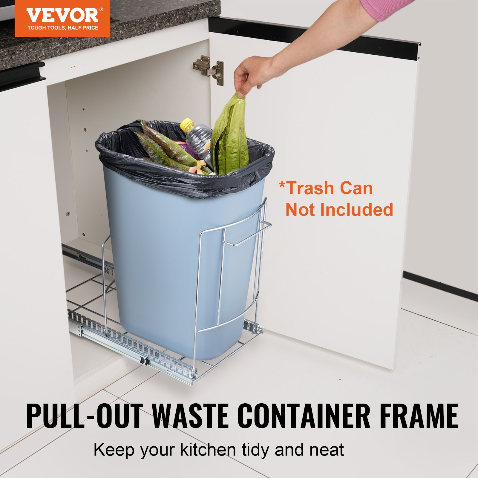 VEVOR Pull-Out Trash Can, Under Mount Kitchen Waste Container with Slide ang Handle, 35.3 lbs Load Capacity Heavy Duty Garbage Recycling Bin for Kitchen Cabinet, Sink, Under Counter (Bin Not Include)