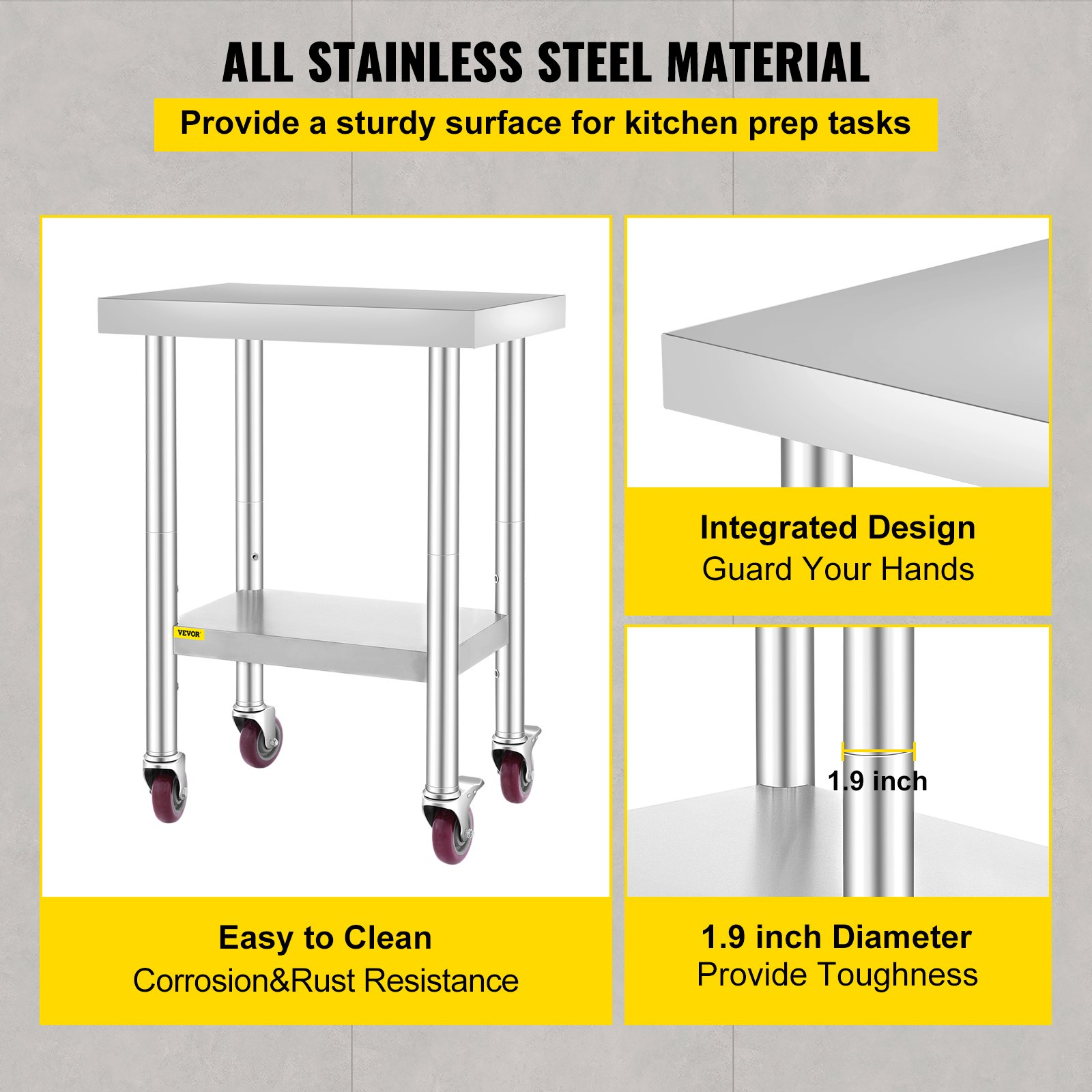 VEVOR 24x18x34 Inch Stainless Steel Work Table 3-Stage Adjustable Shelf with 4 Wheels Heavy Duty Commercial Food Prep Worktable with Brake for Kitchen Prep Work