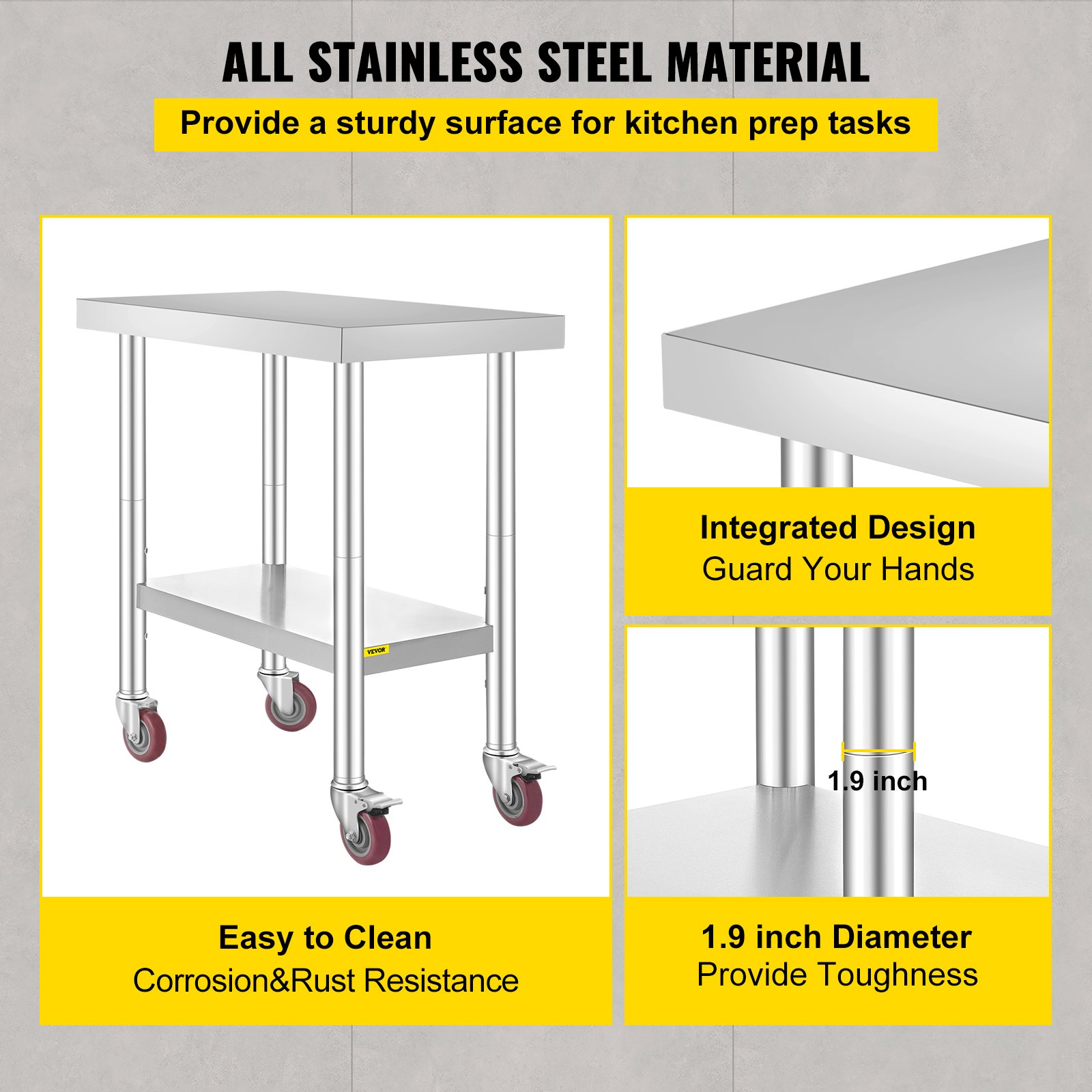 VEVOR 30x18x34 Inch Stainless Steel Work Table 3-Stage Adjustable Shelf with 4 Wheels Heavy Duty Commercial Food Prep Worktable with Brake for Kitchen Prep Work