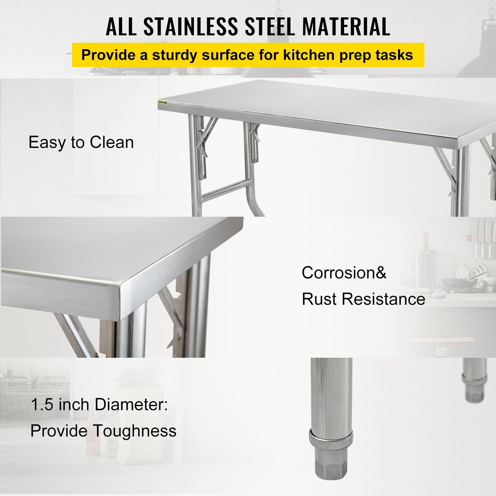 VEVOR Commercial Worktable Workstation 48 x 24 Inch Folding Commercial Prep Table, Heavy-duty Stainless Steel Folding Table with 661 lbs Load, Kitchen Work Table, Silver Stainless Steel Kitchen Island