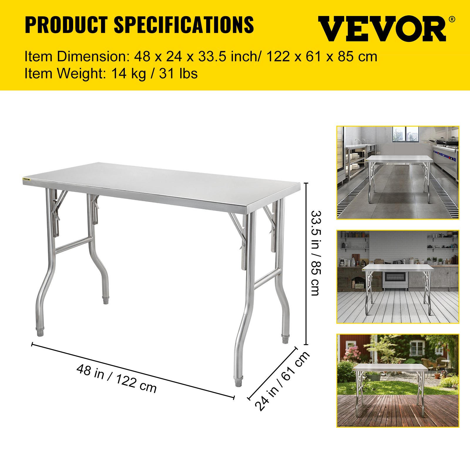 VEVOR Commercial Worktable Workstation 48 x 24 Inch Folding Commercial Prep Table, Heavy-duty Stainless Steel Folding Table with 661 lbs Load, Kitchen Work Table, Silver Stainless Steel Kitchen Island