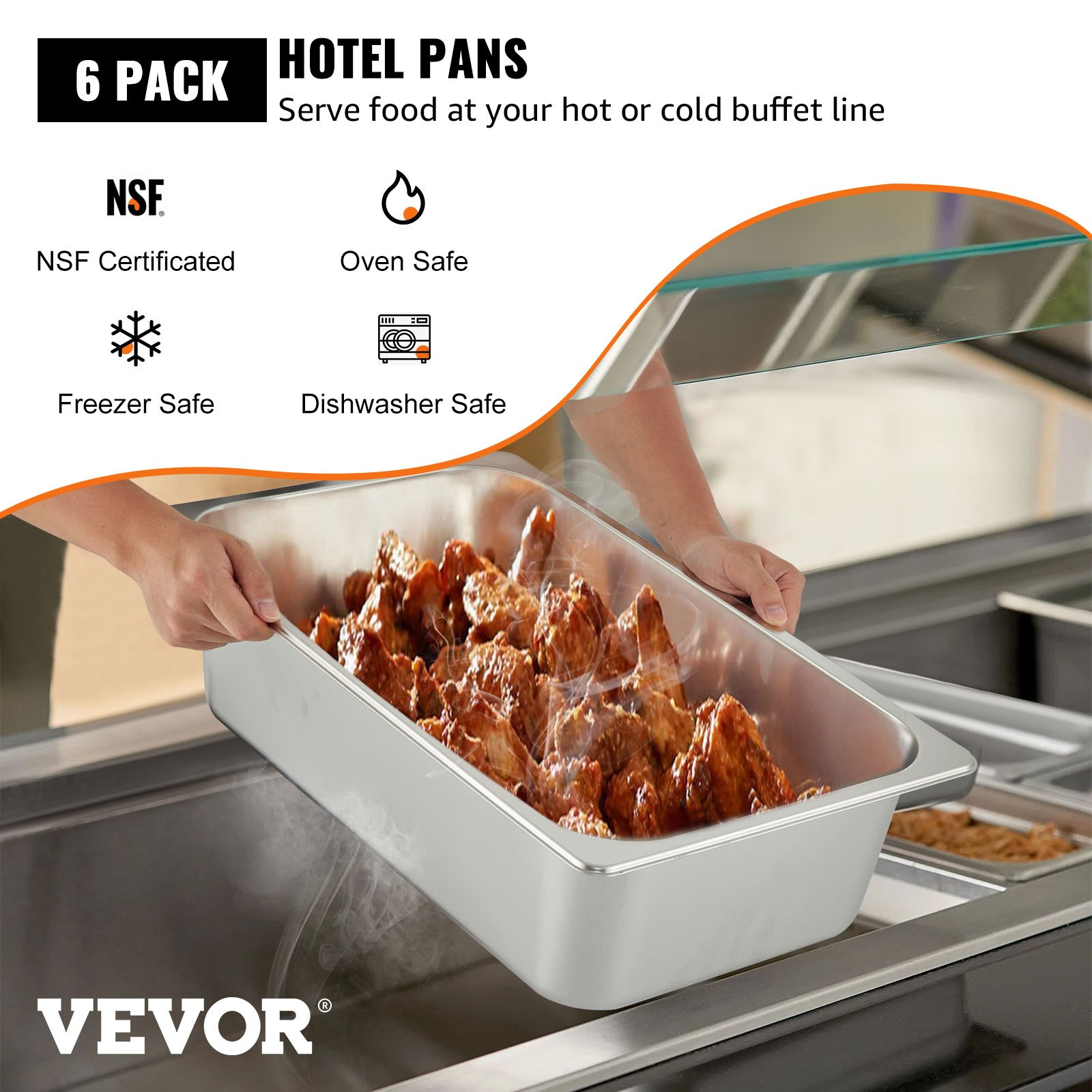 VEVOR Hotel Pan Full Size 6-Inch, Steam Table Pan 6 Pack, 22 Gauge/0.8mm Thick Stainless Steel Full Size Hotel Pan Anti Jam Steam Table Pan