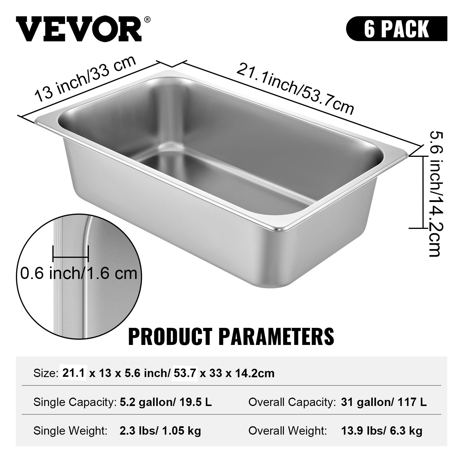 VEVOR Hotel Pan Full Size 6-Inch, Steam Table Pan 6 Pack, 22 Gauge/0.8mm Thick Stainless Steel Full Size Hotel Pan Anti Jam Steam Table Pan