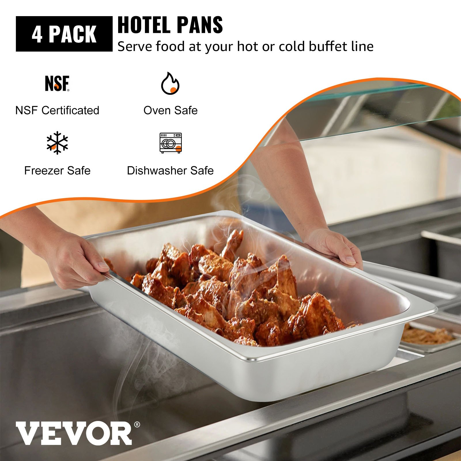 VEVOR 4 Pack Hotel Pan 3.7" Deep Steam Table Pan Full Size with Lid 20.8"L x 13"W Hotel Pan 22 Gauge Stainless Steel Anti Jam Steam Table Pan