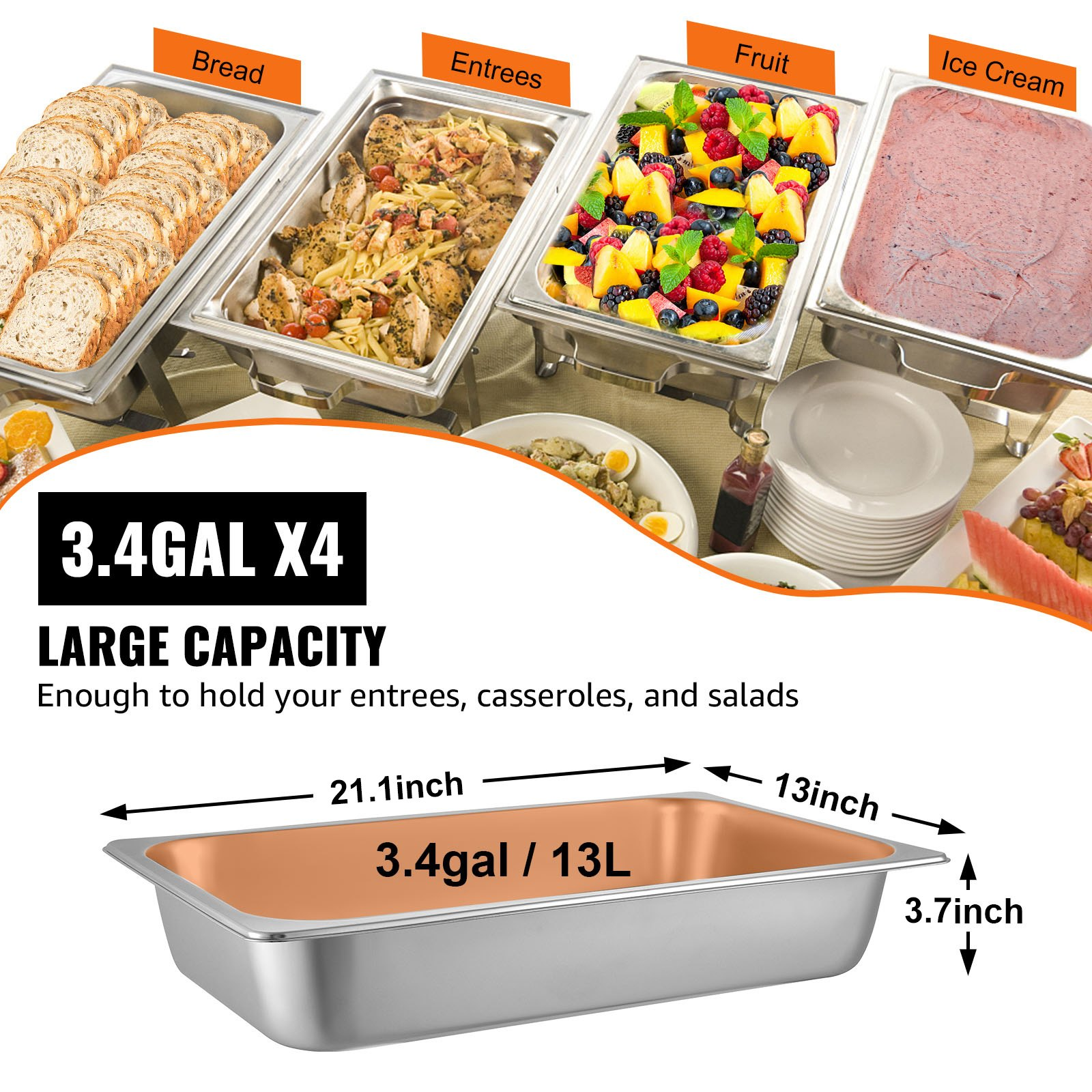 VEVOR 4 Pack Hotel Pan 3.7" Deep Steam Table Pan Full Size with Lid 20.8"L x 13"W Hotel Pan 22 Gauge Stainless Steel Anti Jam Steam Table Pan