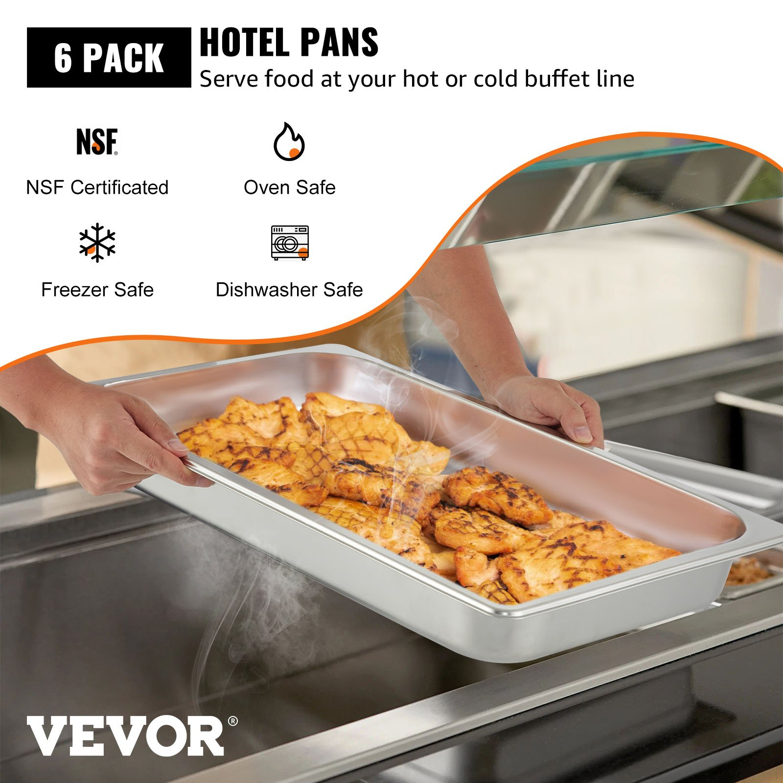 VEVOR Hotel Pans Full Size 2.5 Inch Deep, Steam Table Pan 6 Pack , 22 Gauge/0.8mm Thick Stainless Steel Hotel Pan Anti Jam Steam Table Pan