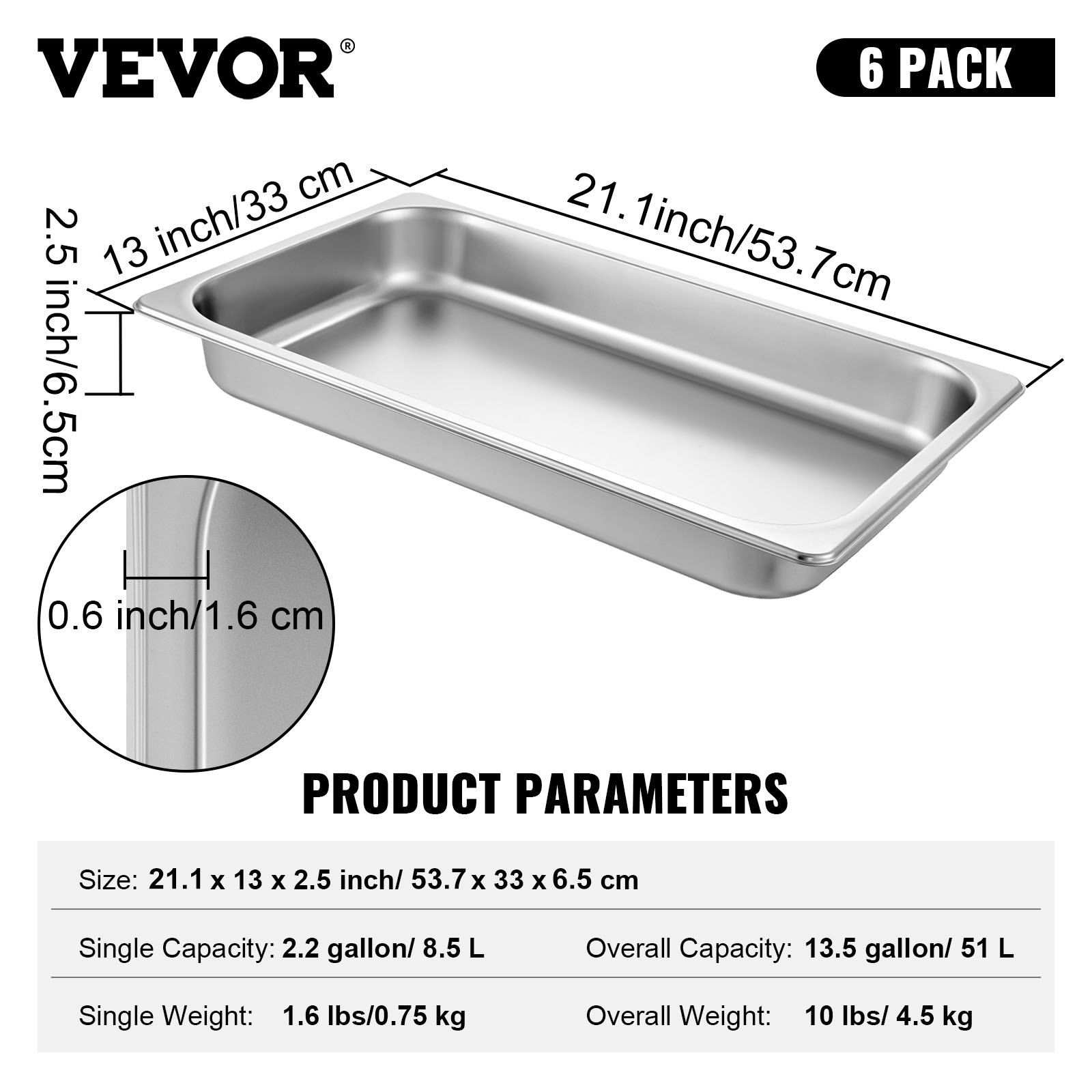 VEVOR Hotel Pans Full Size 2.5 Inch Deep, Steam Table Pan 6 Pack , 22 Gauge/0.8mm Thick Stainless Steel Hotel Pan Anti Jam Steam Table Pan