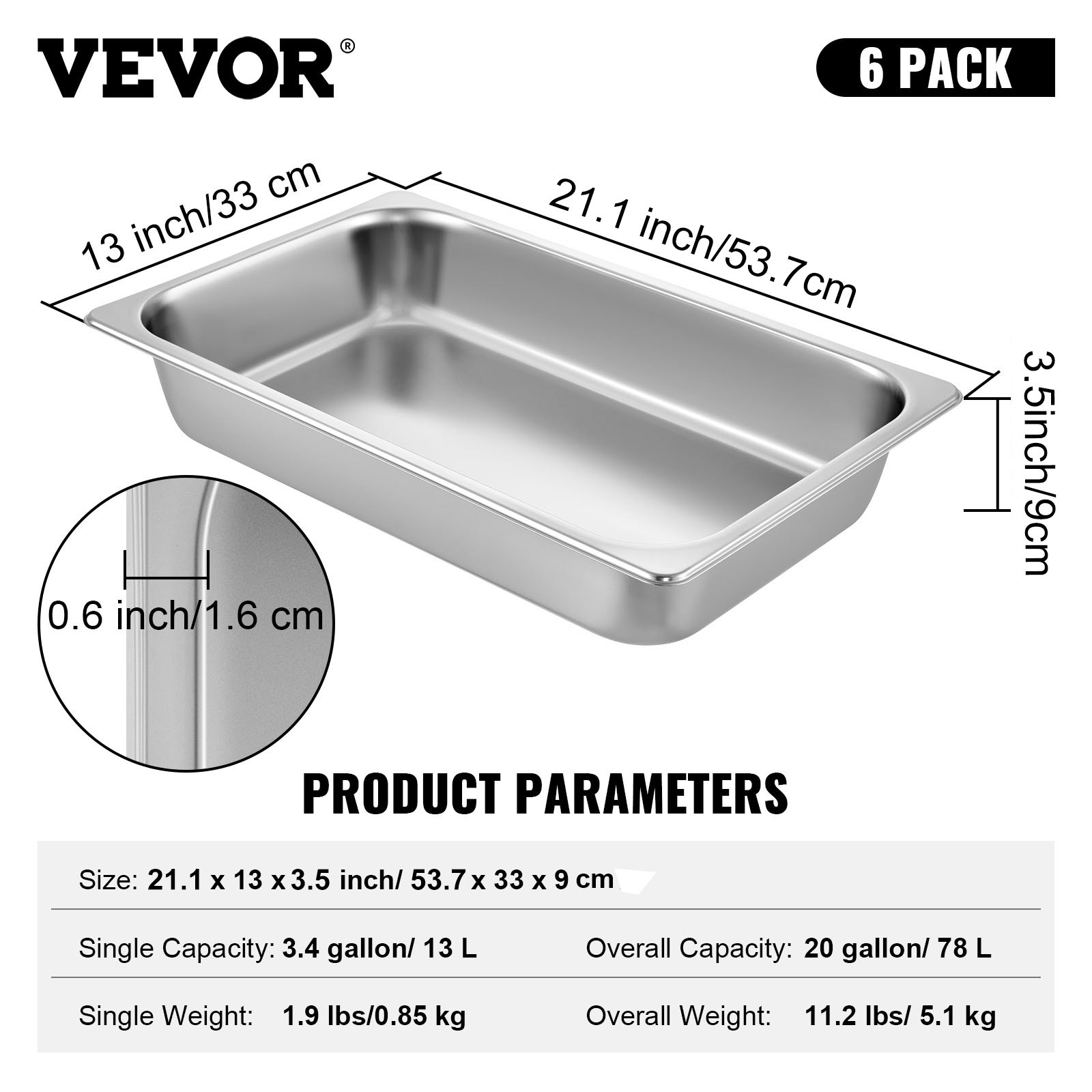 VEVOR Hotel Pans Full Size 4-Inch Deep, Steam Table Pan 6 Pack , 22 Gauge/0.8mm Thick Stainless Steel Full Size Hotel Pan Anti Jam Steam Table Pan