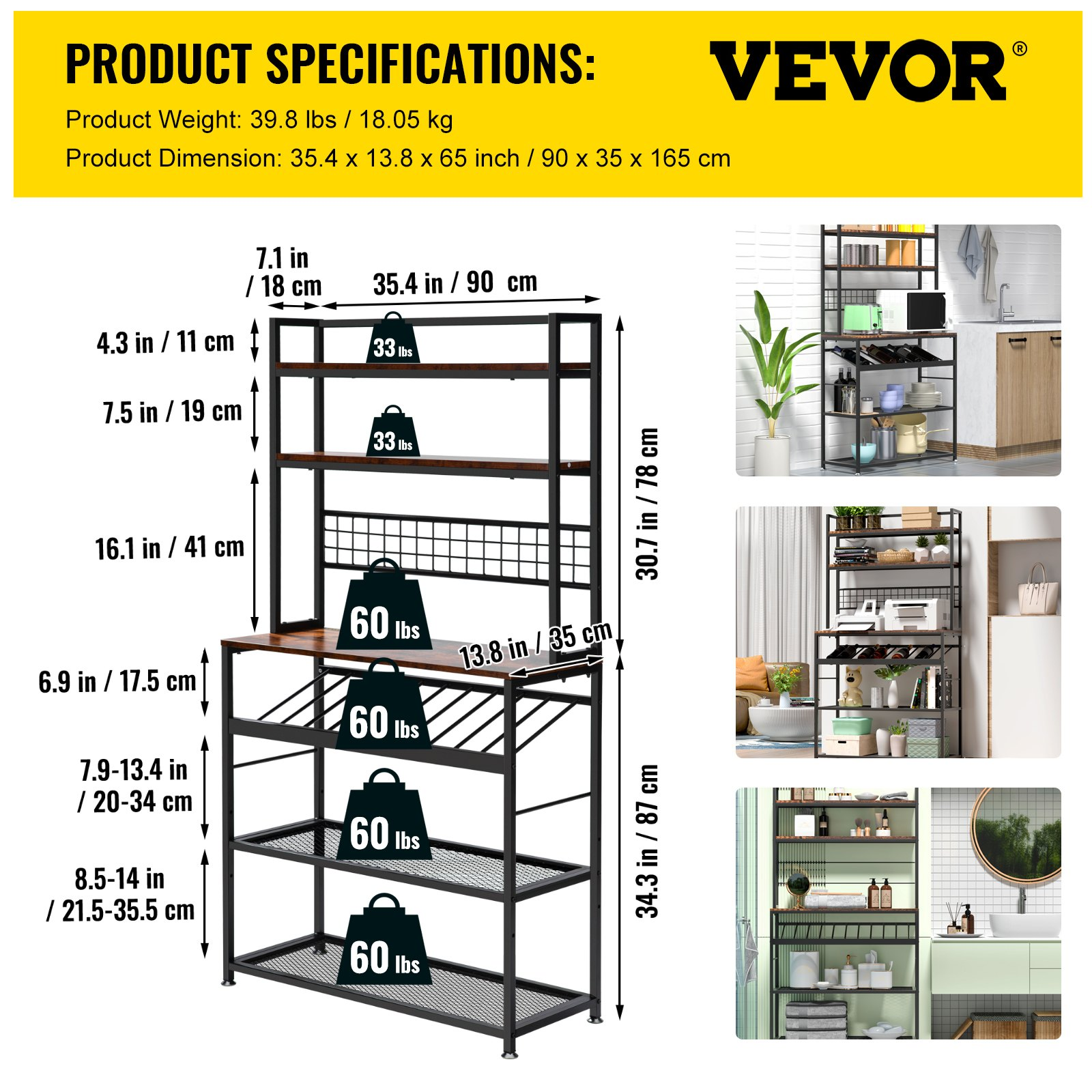 VEVOR Kitchen Wine Baker's Rack, Microwave Oven Stand, 6-Tier Kitchen Rack with 11 Side Hooks, Bakers Racks for Kitchens with Storage, Wine Rack, Utility Storage Shelf for Kitchen, Coffer Bar Stand