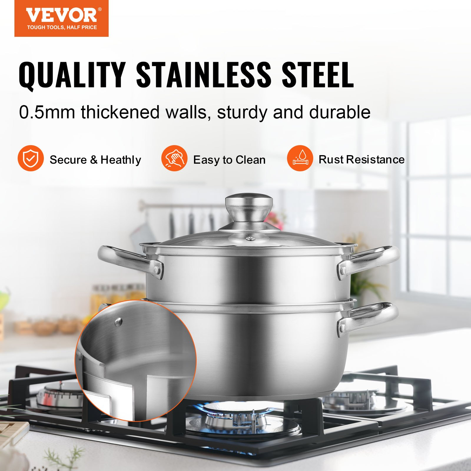 VEVOR Steamer Pot, 8.66in/22cm Steamer Pot for Cooking with 3QT Stock Pot and Vegetable Steamer, Large Capacity Stainless Steel Food Steamer Cookware with Lid for Gas Electric Induction Grill Stove