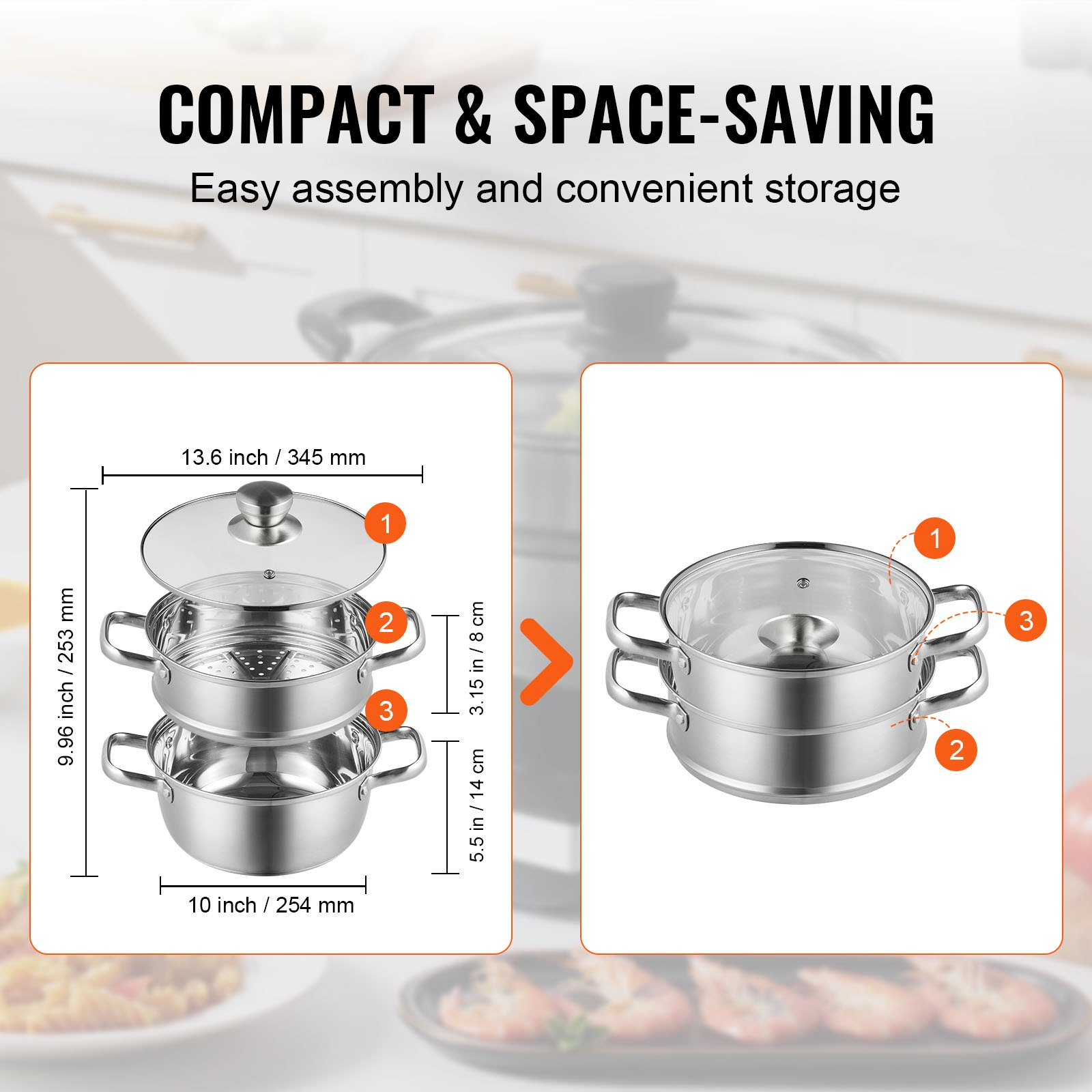 VEVOR Steamer Pot, 9.5in/24cm Steamer Pot for Cooking with 5QT Stock Pot and Vegetable Steamer, Food-Grade 304 Stainless Steel Food Steamer Cookware with Lid for Gas Electric Induction Grill Stove