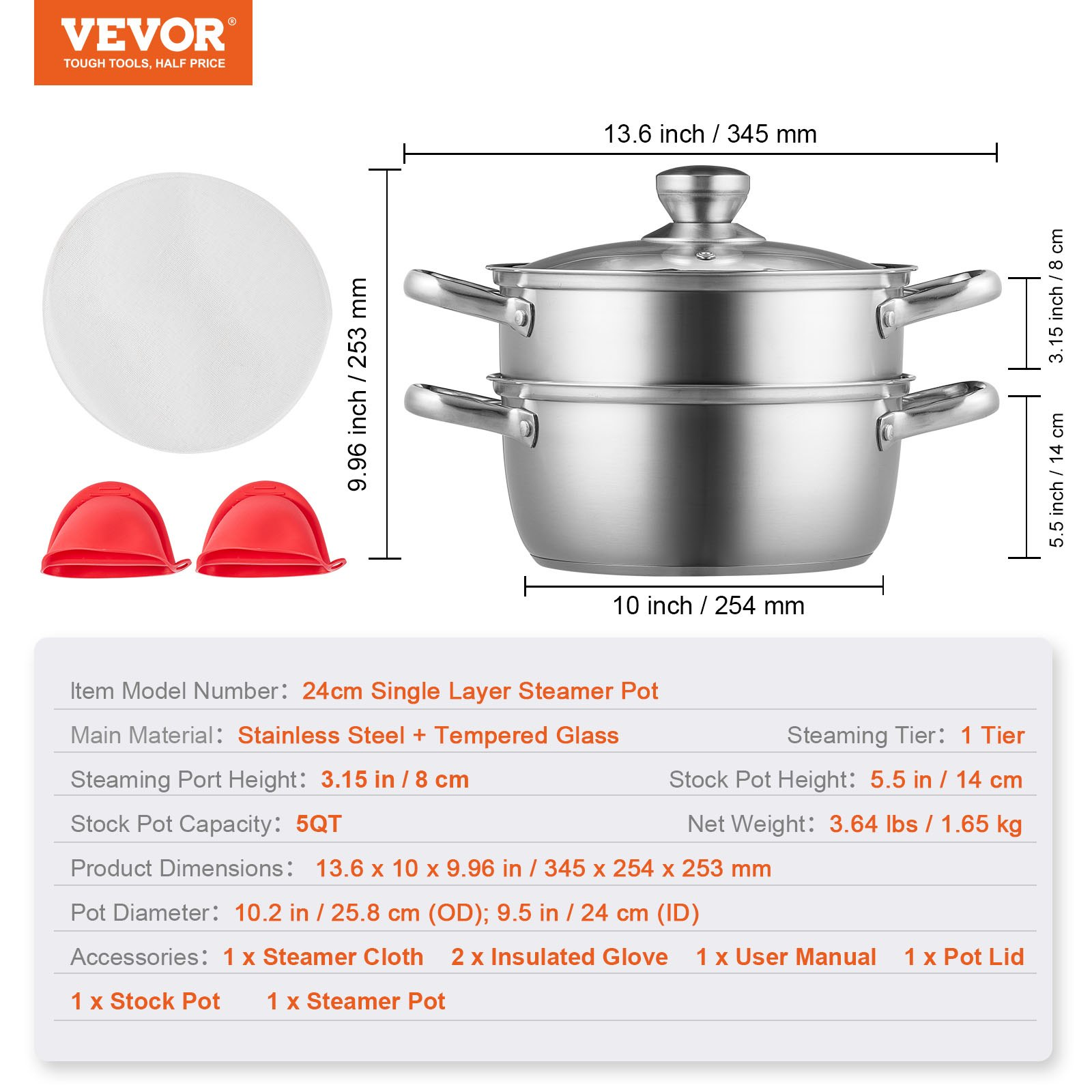 VEVOR Steamer Pot, 9.5in/24cm Steamer Pot for Cooking with 5QT Stock Pot and Vegetable Steamer, Food-Grade 304 Stainless Steel Food Steamer Cookware with Lid for Gas Electric Induction Grill Stove