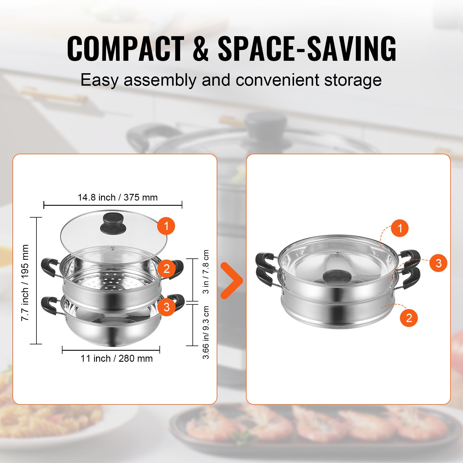 VEVOR Steamer Pot, 11in/28cm Steamer Pot for Cooking with 3QT Stock Pot and Vegetable Steamer, Food-Grade 304 Stainless Steel Food Steamer Cookware with Lid for Gas Electric Induction Grill Stove