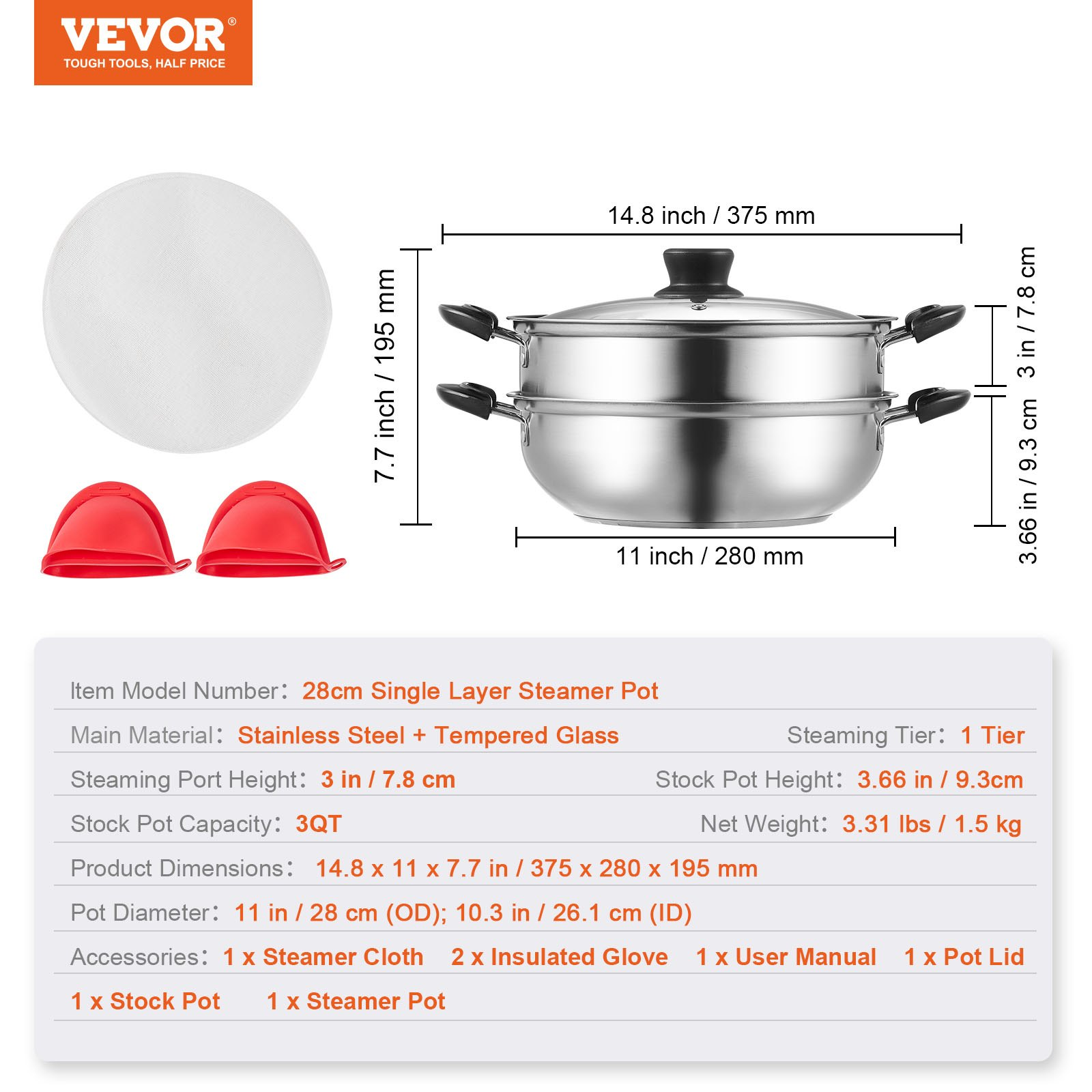 VEVOR Steamer Pot, 11in/28cm Steamer Pot for Cooking with 3QT Stock Pot and Vegetable Steamer, Food-Grade 304 Stainless Steel Food Steamer Cookware with Lid for Gas Electric Induction Grill Stove