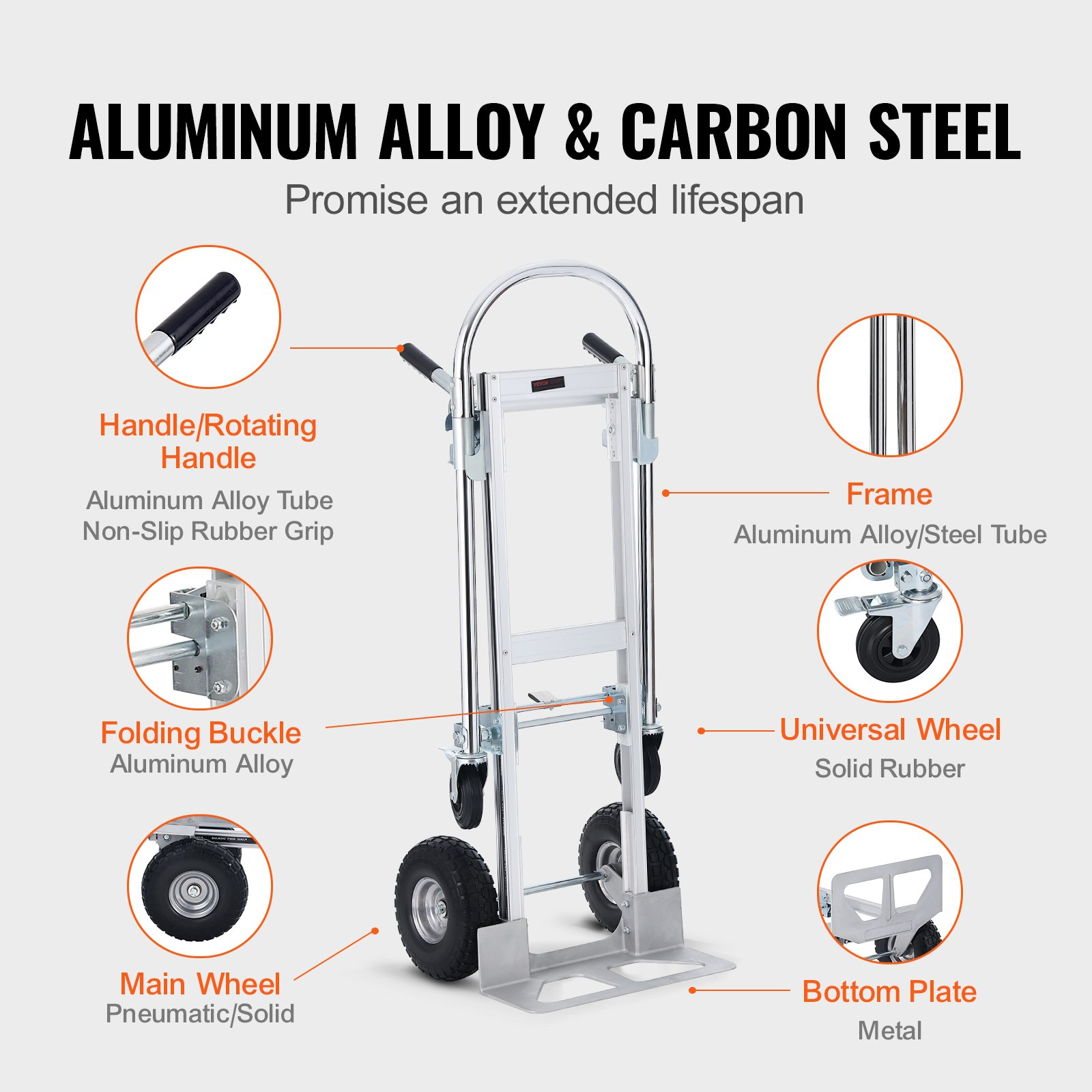 VEVOR Aluminum Folding Hand Truck, 2 in 1 Design 1000 lbs Capacity, Heavy Duty Industrial Collapsible cart, Dolly Cart with Rubber Wheels for Transport and Moving in Warehouse, Supermarket, Garden