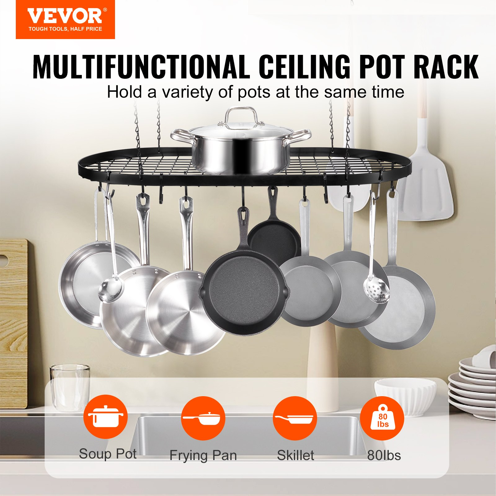 VEVOR Hanging Pot Rack, 32 inch Hanging Pot Rack Ceiling Mount, Ceiling Pot Rack with 12 S Hooks, 80 lbs Loading Weight, Ideal for Home, Restaurant, Kitchen Cookware, Utensils