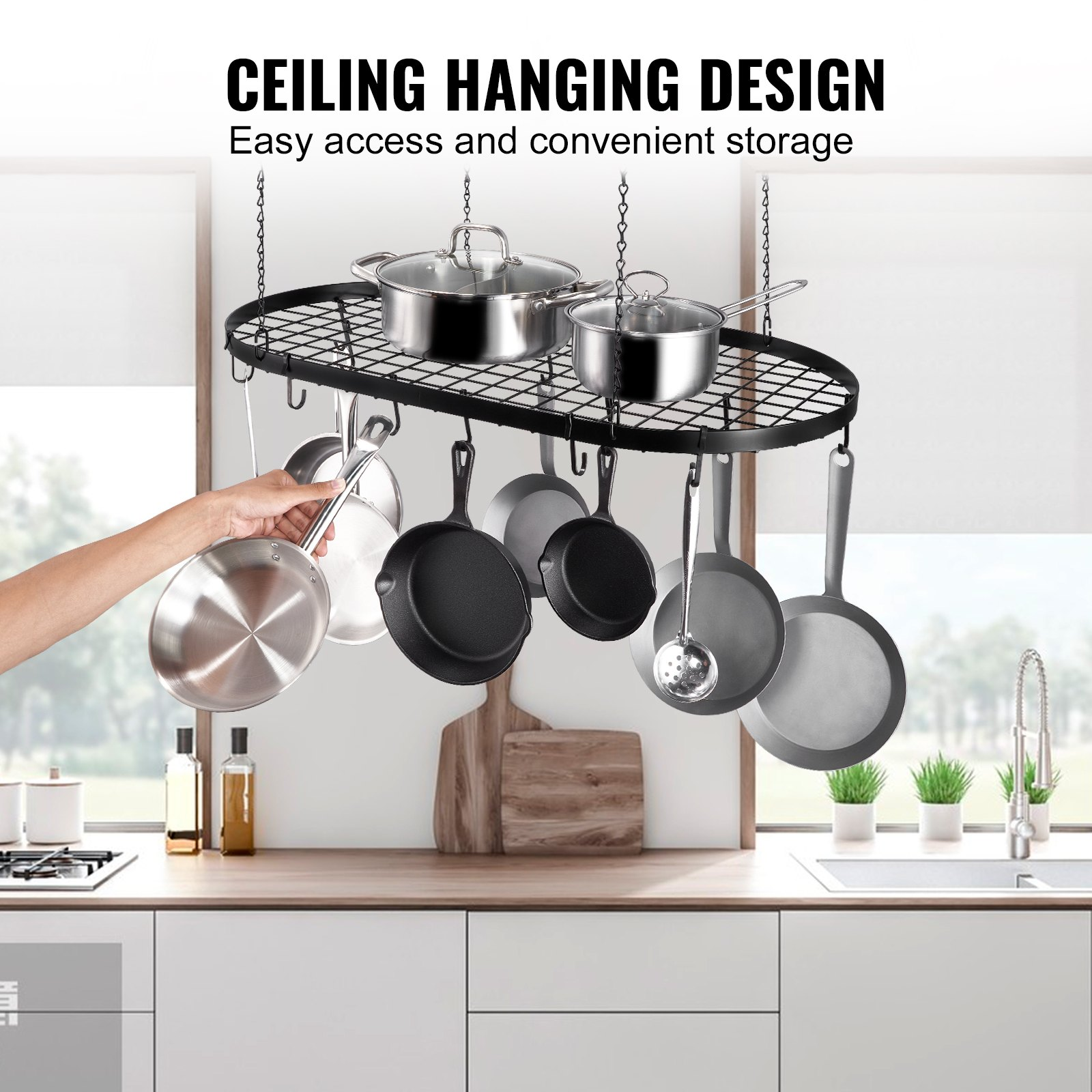 VEVOR Hanging Pot Rack, 32 inch Hanging Pot Rack Ceiling Mount, Ceiling Pot Rack with 12 S Hooks, 80 lbs Loading Weight, Ideal for Home, Restaurant, Kitchen Cookware, Utensils