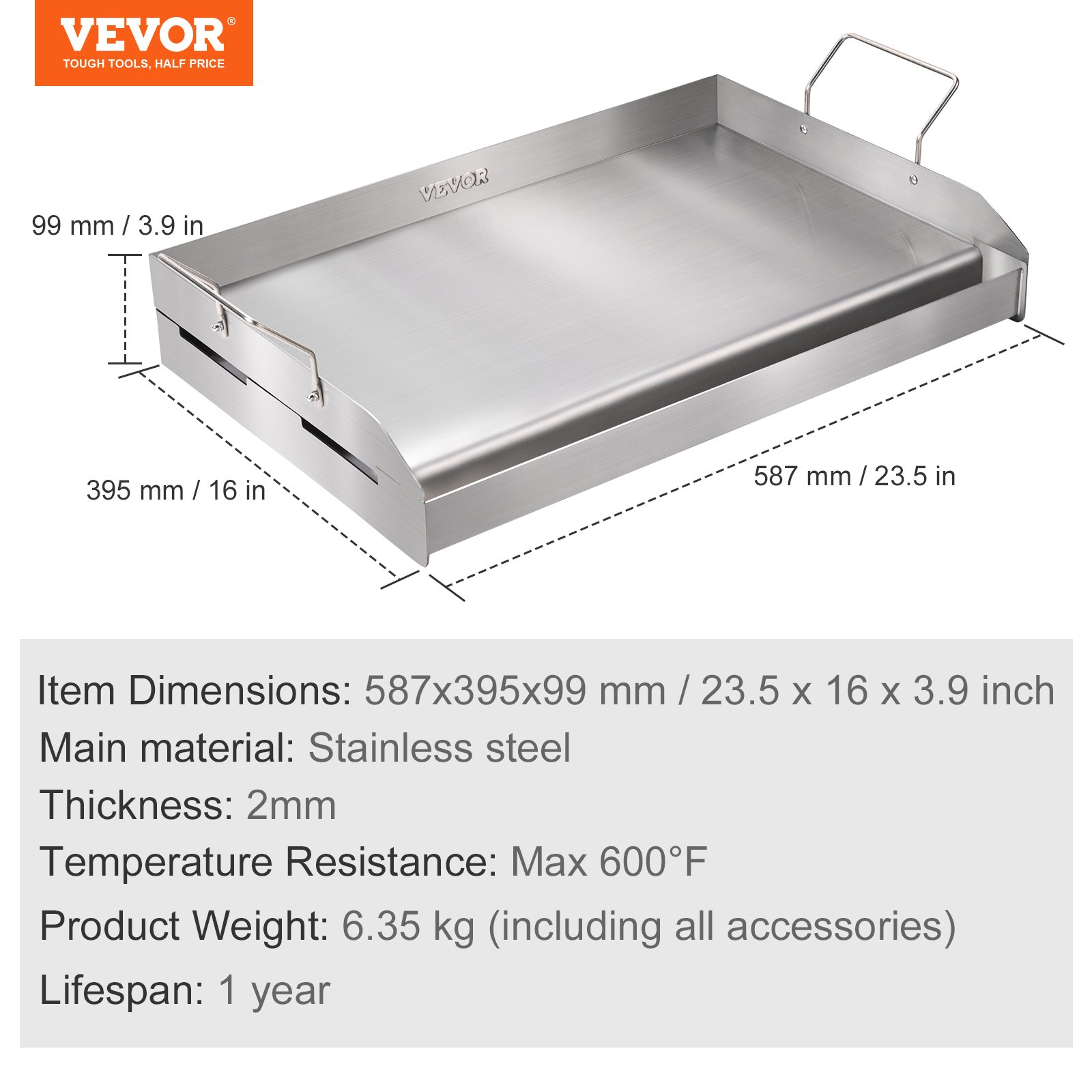 VEVOR Stove Top Griddle, 23.5"x16" Pre-Seasoned Stainless Steel Griddle, Rectangular Double Burner Griddle Pan, Non-Stick Family Pan Cookware with Handles and Oil Groove, for BBQ, Gas Grills, Silver