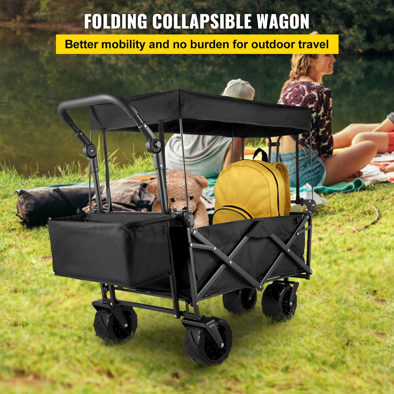 VEVOR Extra Large Collapsible Garden Cart with Removable Canopy, Folding Wagon Utility Carts with Wheels and Rear Storage, Wagon Cart for Garden, Camping, Grocery Cart, Shopping Cart, Black