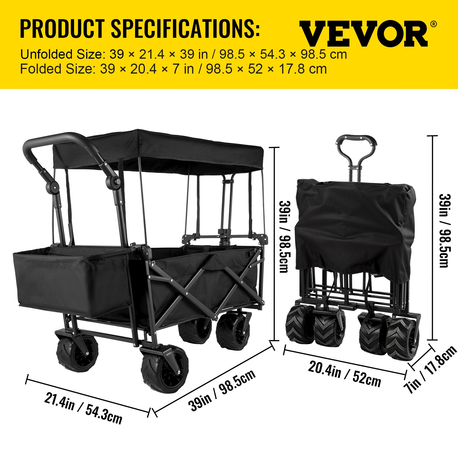 VEVOR Extra Large Collapsible Garden Cart with Removable Canopy, Folding Wagon Utility Carts with Wheels and Rear Storage, Wagon Cart for Garden, Camping, Grocery Cart, Shopping Cart, Black