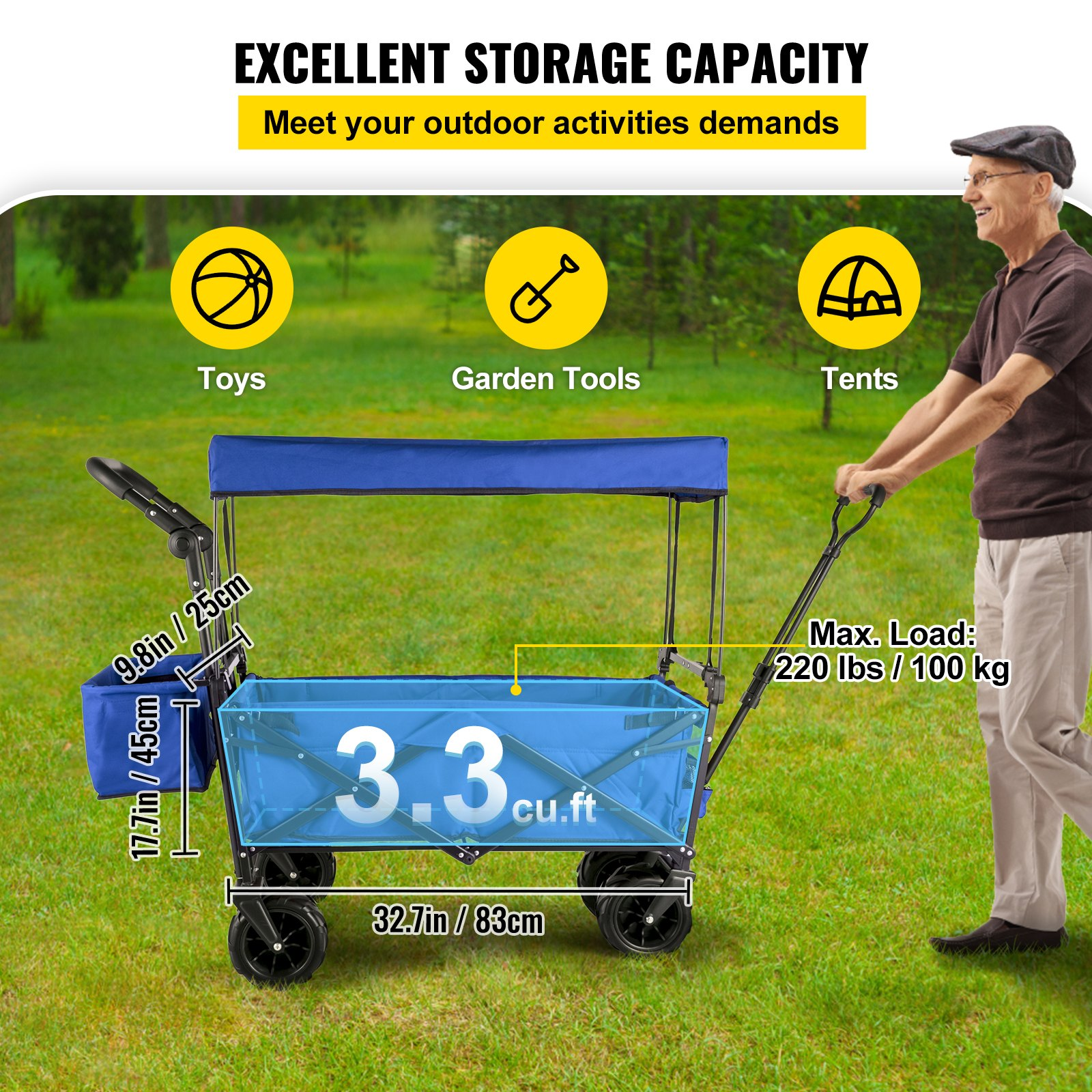 VEVOR Extra Large Collapsible Garden Cart with Removable Canopy, Folding Wagon Utility Carts with Wheels and Rear Storage, Wagon Cart for Garden, Camping, Grocery Cart, Shopping Cart, Blue