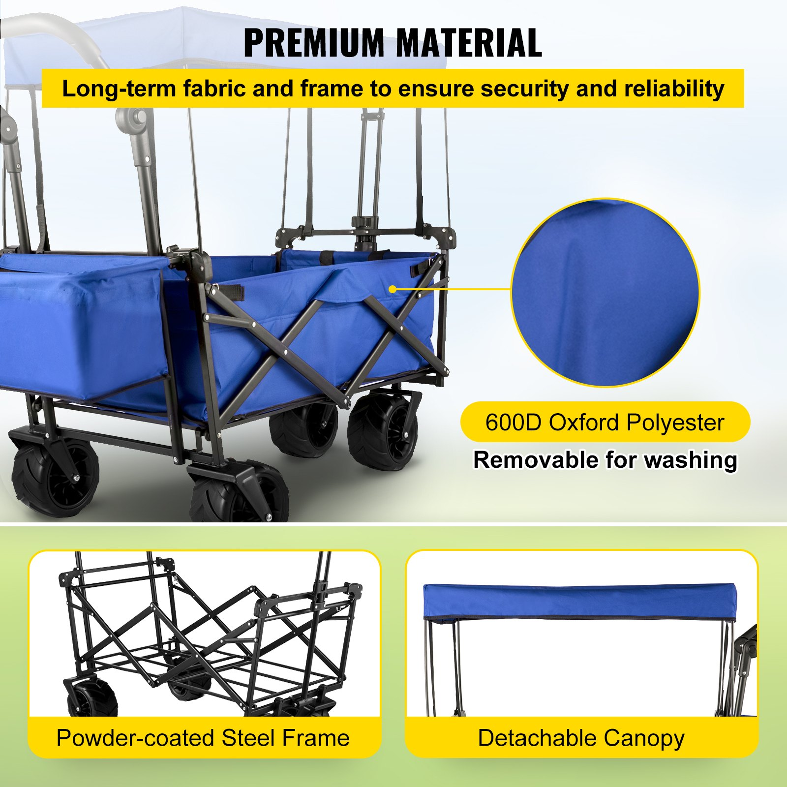 VEVOR Extra Large Collapsible Garden Cart with Removable Canopy, Folding Wagon Utility Carts with Wheels and Rear Storage, Wagon Cart for Garden, Camping, Grocery Cart, Shopping Cart, Blue