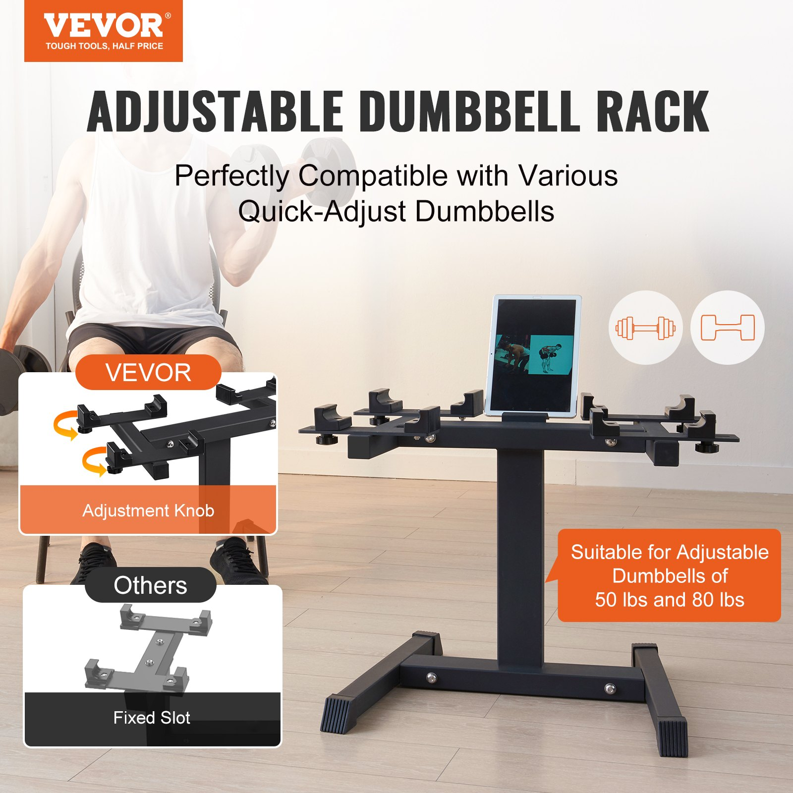 VEVOR Adjustable Dumbbell Stand, Home Fitness Rack and Stand with Media Rack, Safe and Convenient Dumbbell Weight Holder, Compact Dumbbell Storage Rack Perfect for Home Gym Strength Training