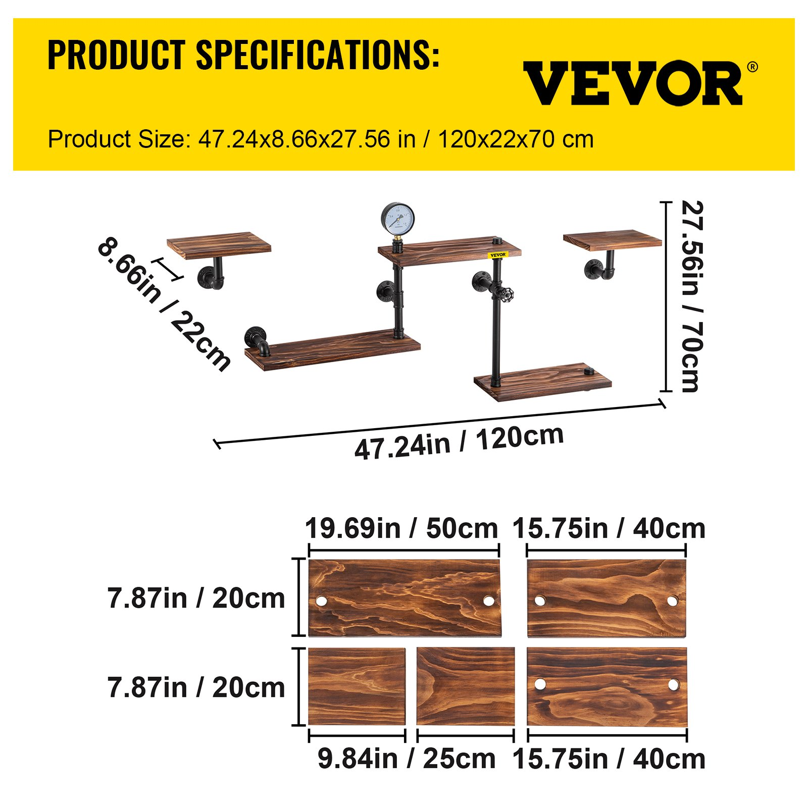 VEVOR Industrial Pipe Shelving, Pipe Shelves with 5-Tier Wood Planks, Rustic Floating Shelves Wall Mounted, Wall Shelf DIY Bookshelf for Bar Kitchen Bathroom Farmhouse Living Room, 47x28x9 inch