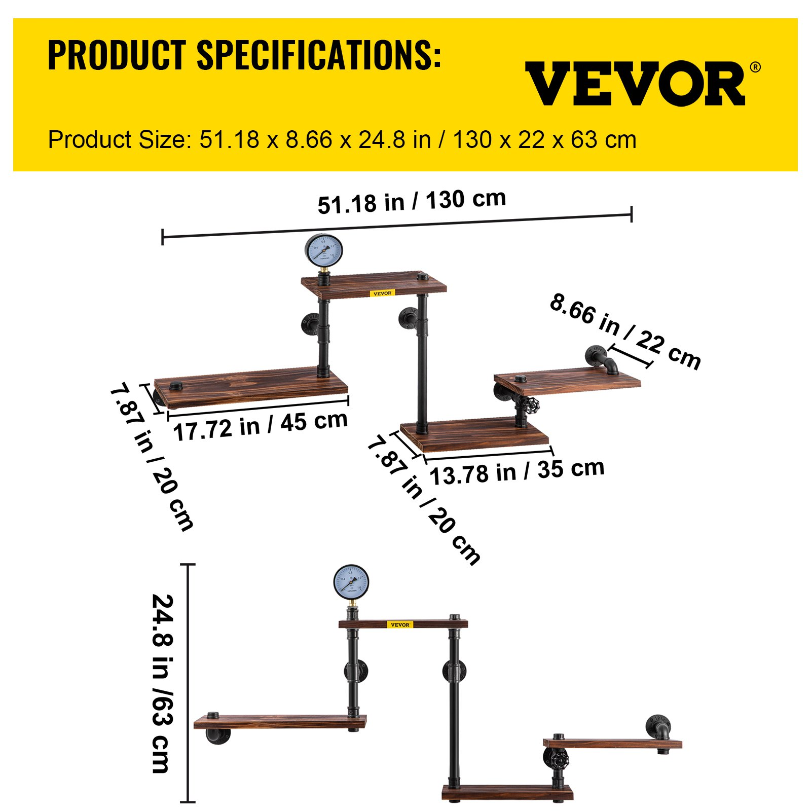 VEVOR Industrial Pipe Shelving, Pipe Shelves with 4-Tier Wood Planks, Rustic Floating Shelves Wall Mounted, Wall Shelf DIY Bookshelf for Bar Kitchen Bathroom Farmhouse Living Room, 51x25x9 inch