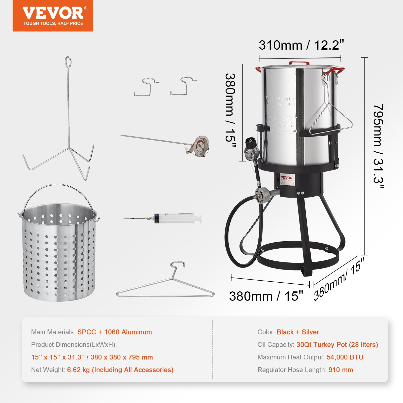 VEVOR Turkey Deep Fryer, 30-qt Turkey Fryer Boiler Steamer Cooker Set, Outdoor Aluminum Seafood Frying Pot, 54,000 BTU Burner Propane Gas Boiler, Includes Basket, Perforated Poultry Rack, Thermometer