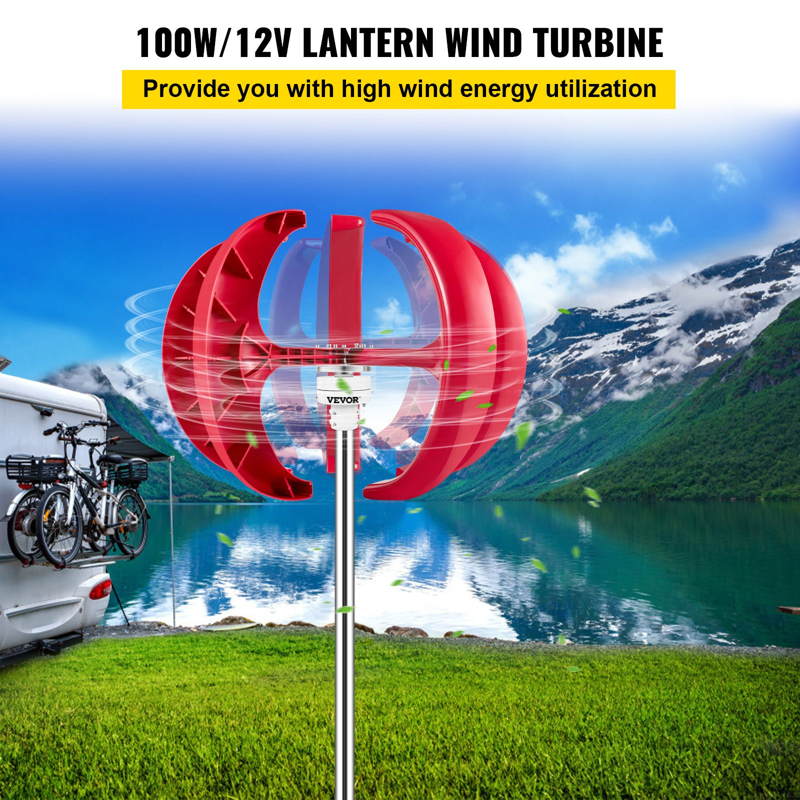 VEVOR Lantern Wind Turbine, 12V/100W Vertical Turbine Generator, 35" Wind Wheel Diameter Vertical Axis Wind Turbine w/Monitoring Light/Built-in Controller for Terrace/Chalet/Fishing Boat/Motor Home