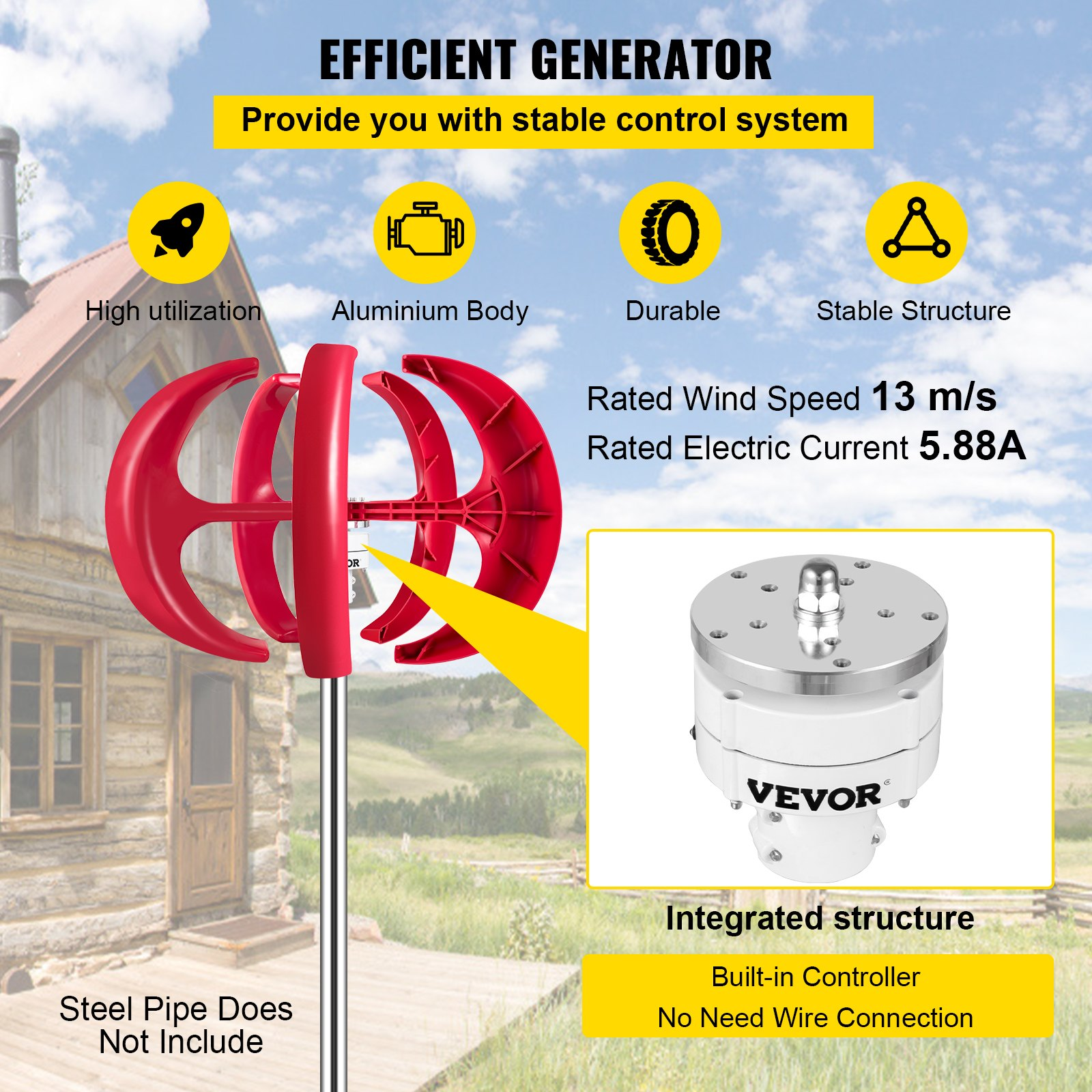 VEVOR Lantern Wind Turbine, 12V/100W Vertical Turbine Generator, 35" Wind Wheel Diameter Vertical Axis Wind Turbine w/Monitoring Light/Built-in Controller for Terrace/Chalet/Fishing Boat/Motor Home