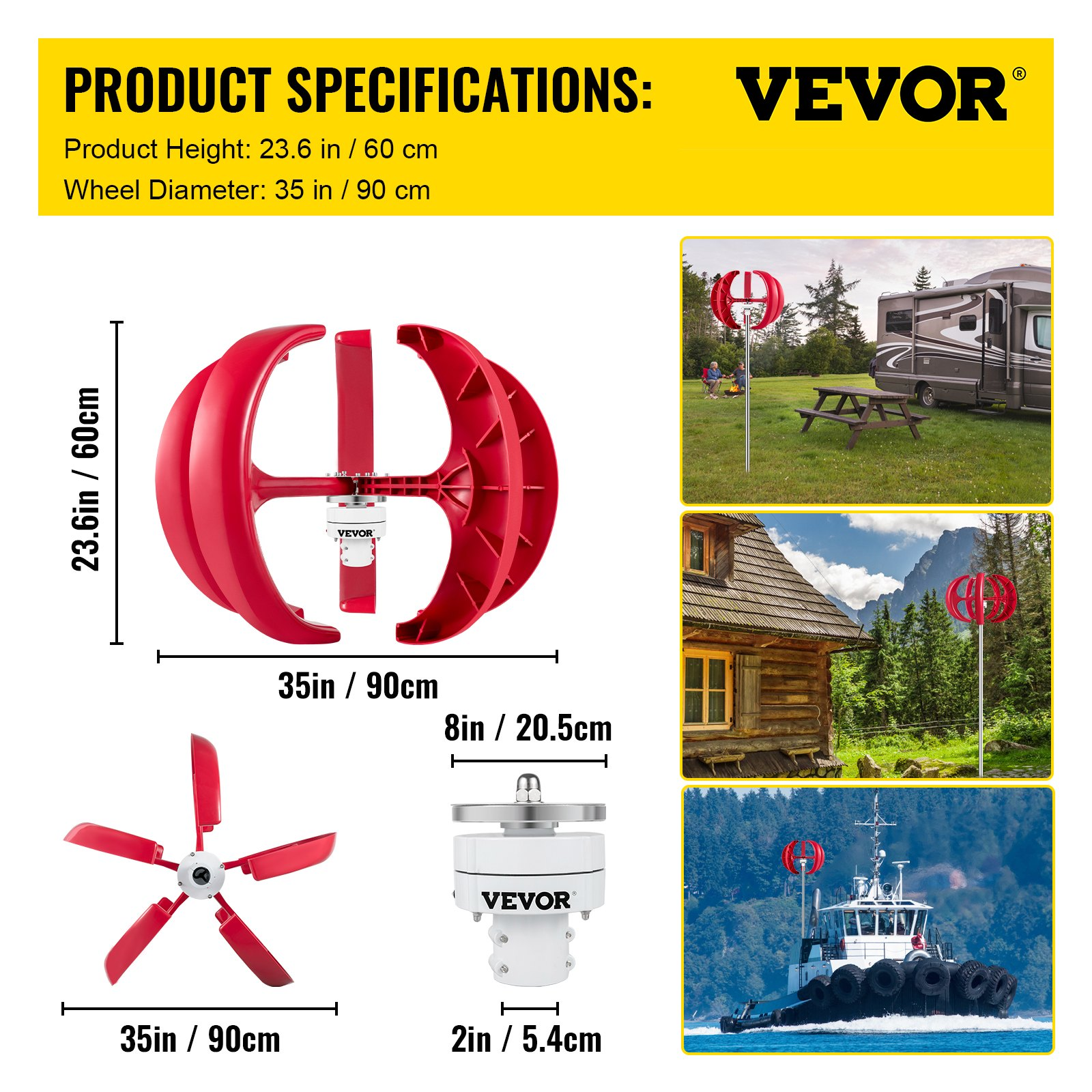 VEVOR Lantern Wind Turbine, 12V/100W Vertical Turbine Generator, 35" Wind Wheel Diameter Vertical Axis Wind Turbine w/Monitoring Light/Built-in Controller for Terrace/Chalet/Fishing Boat/Motor Home