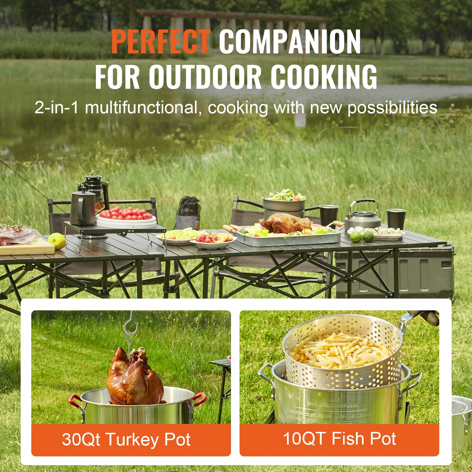 VEVOR Turkey Deep Fryer, 30-qt Turkey & 10-qt Fish Steamer Cooker Set, Outdoor Aluminum Seafood Frying Pot, 54,000 BTU Burner Propane Gas Boiler, Includes Baskets, Perforated Poultry Rack, Thermometer